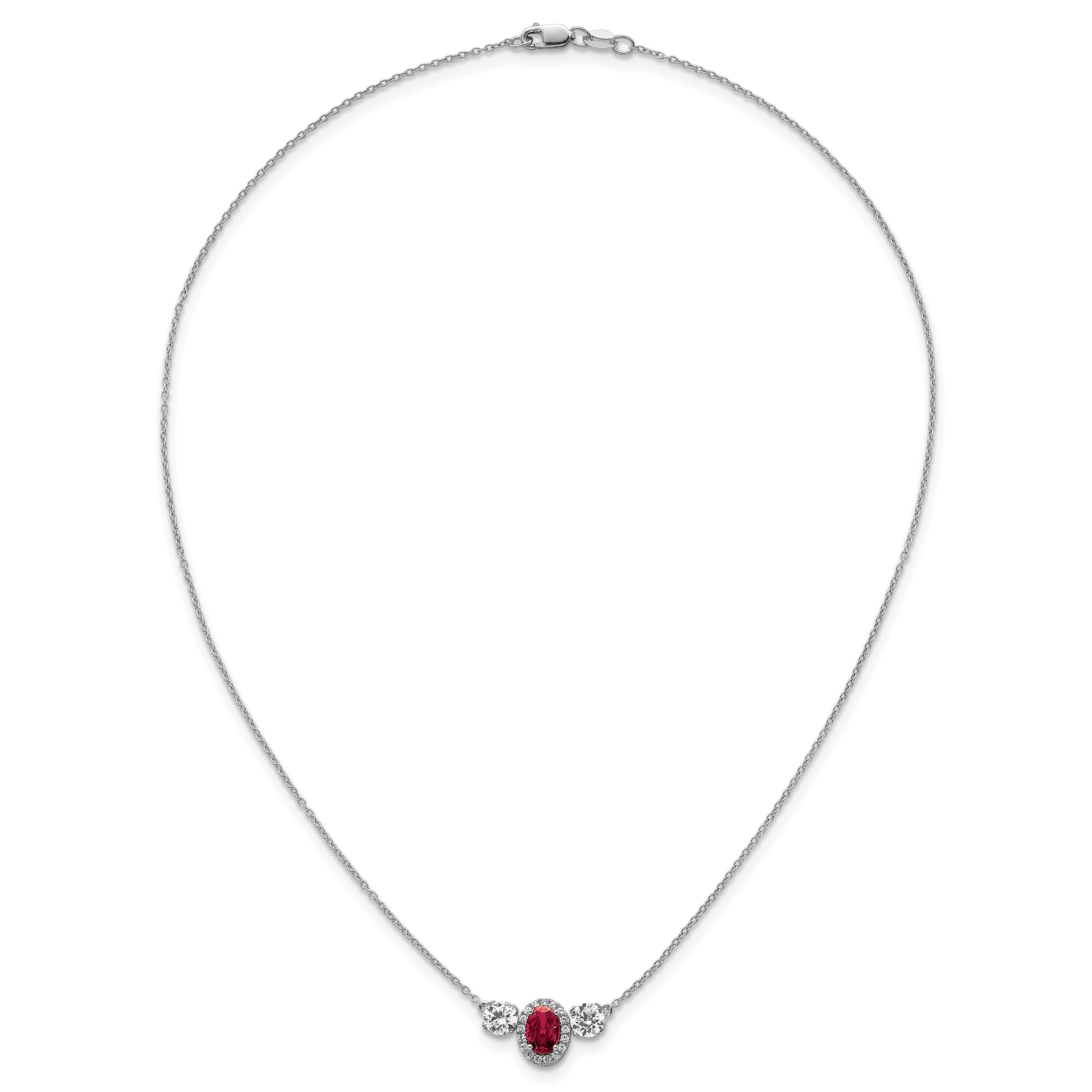 14k White Gold 1 1/8 carat Lab Grown Diamond VS/SI+ G+ and Created Ruby Complete Three Stone 16 inch Necklace