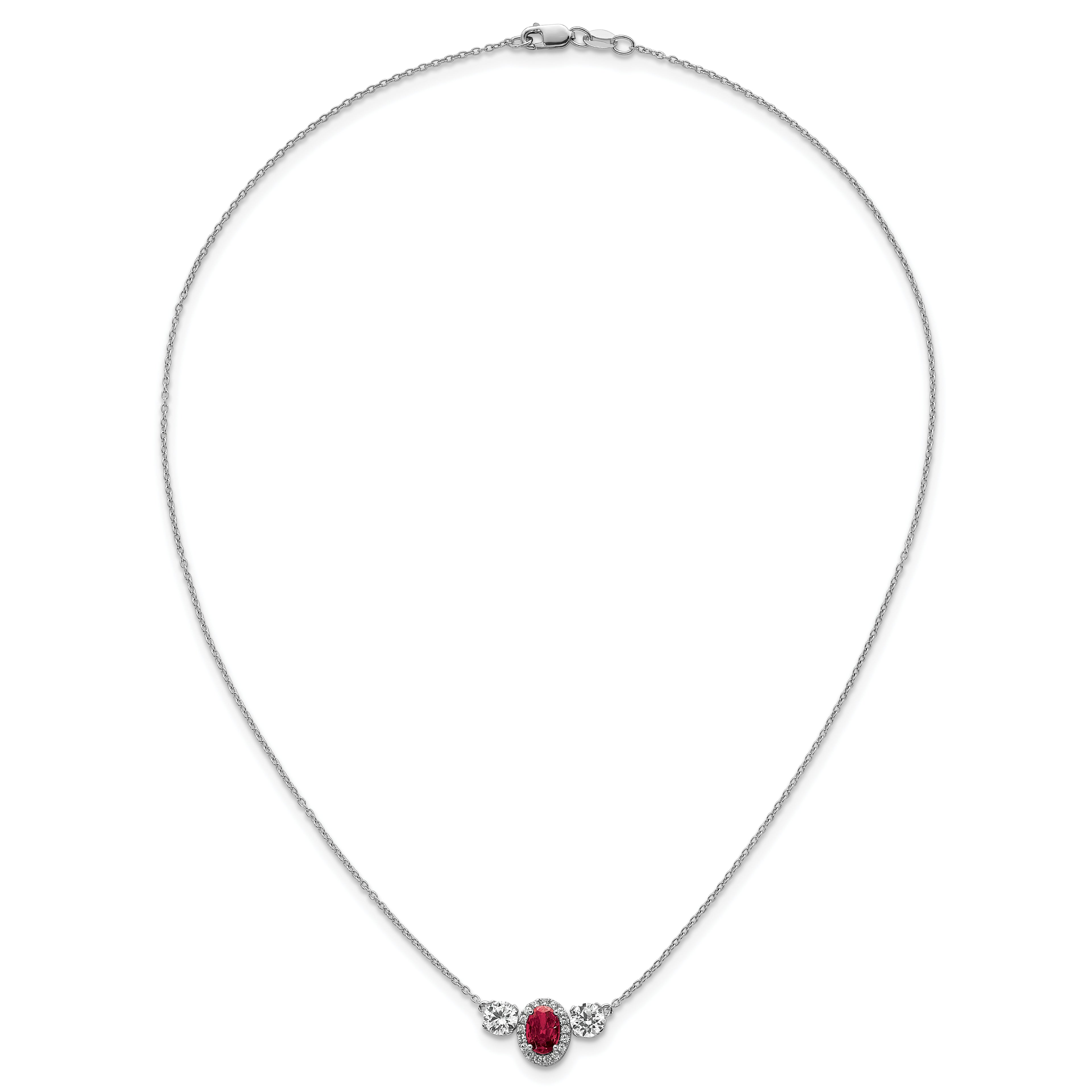 14k White Gold 1 1/8 carat Lab Grown Diamond VS/SI+ G+ and Created Ruby Complete Three Stone 16 inch Necklace