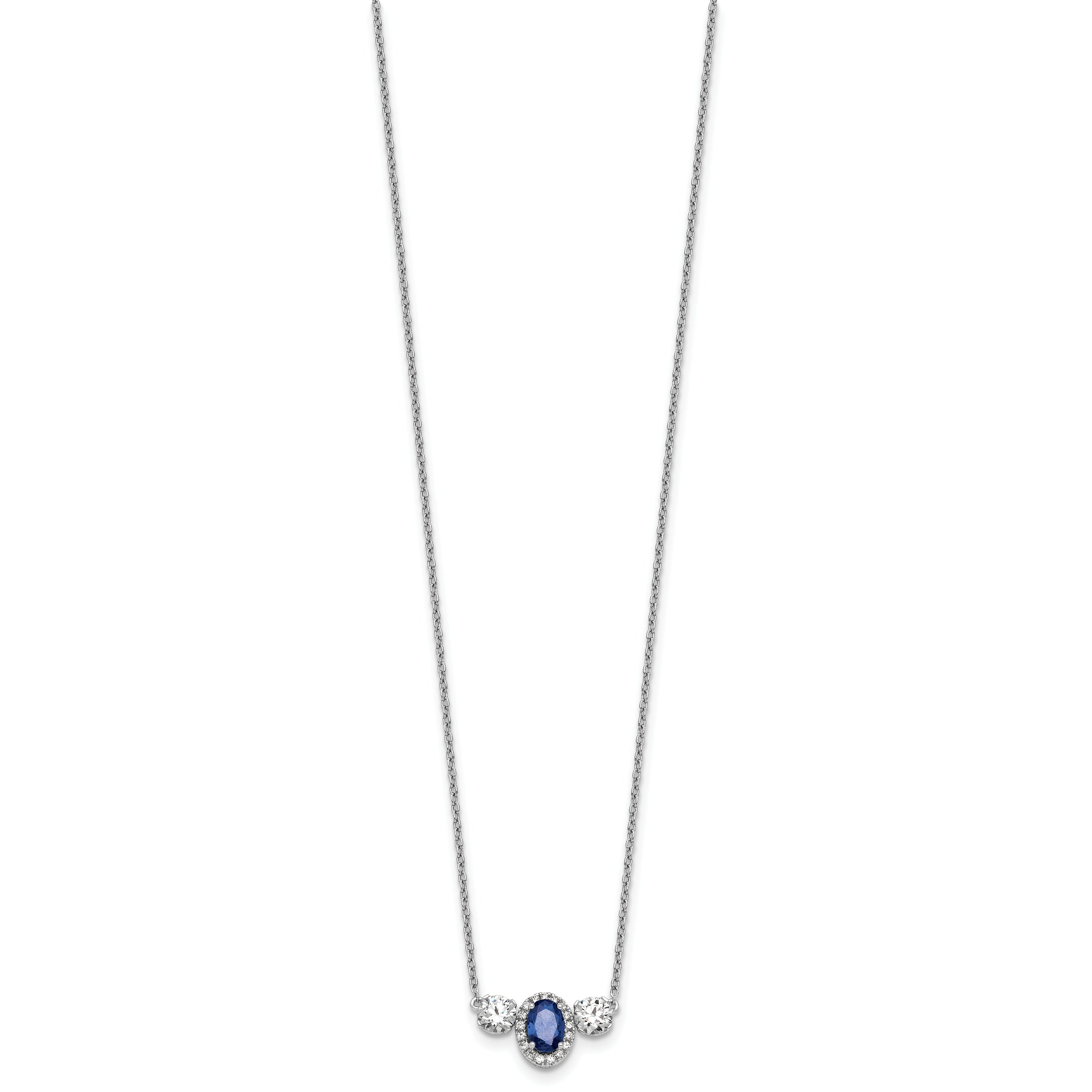 14k White Gold 1 1/8 carat Lab Grown Diamond VS/SI+ G+ and Created Sapphire Complete Three Stone 16 inch Necklace