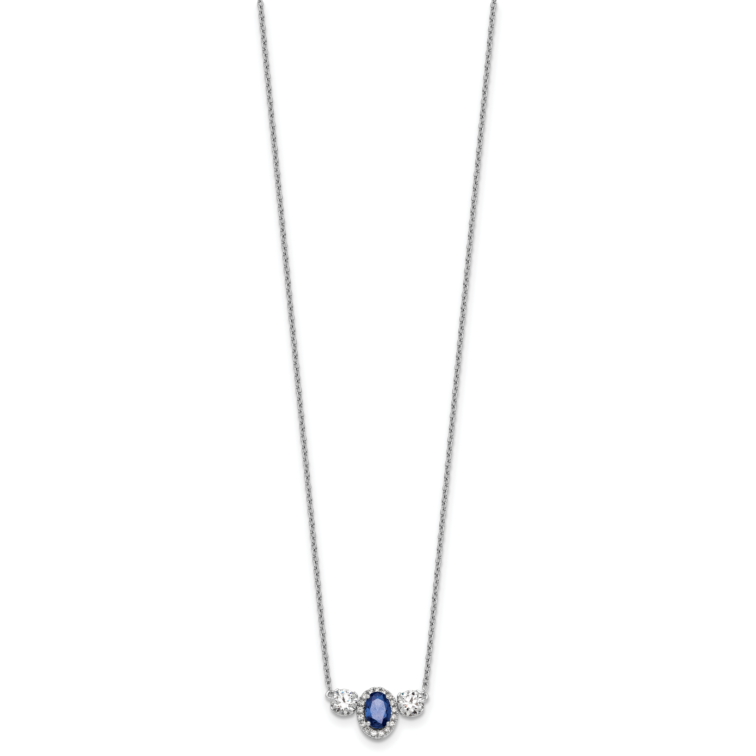 14k White Gold 1 1/8 carat Lab Grown Diamond VS/SI+ G+ and Created Sapphire Complete Three Stone 16 inch Necklace Secondary image