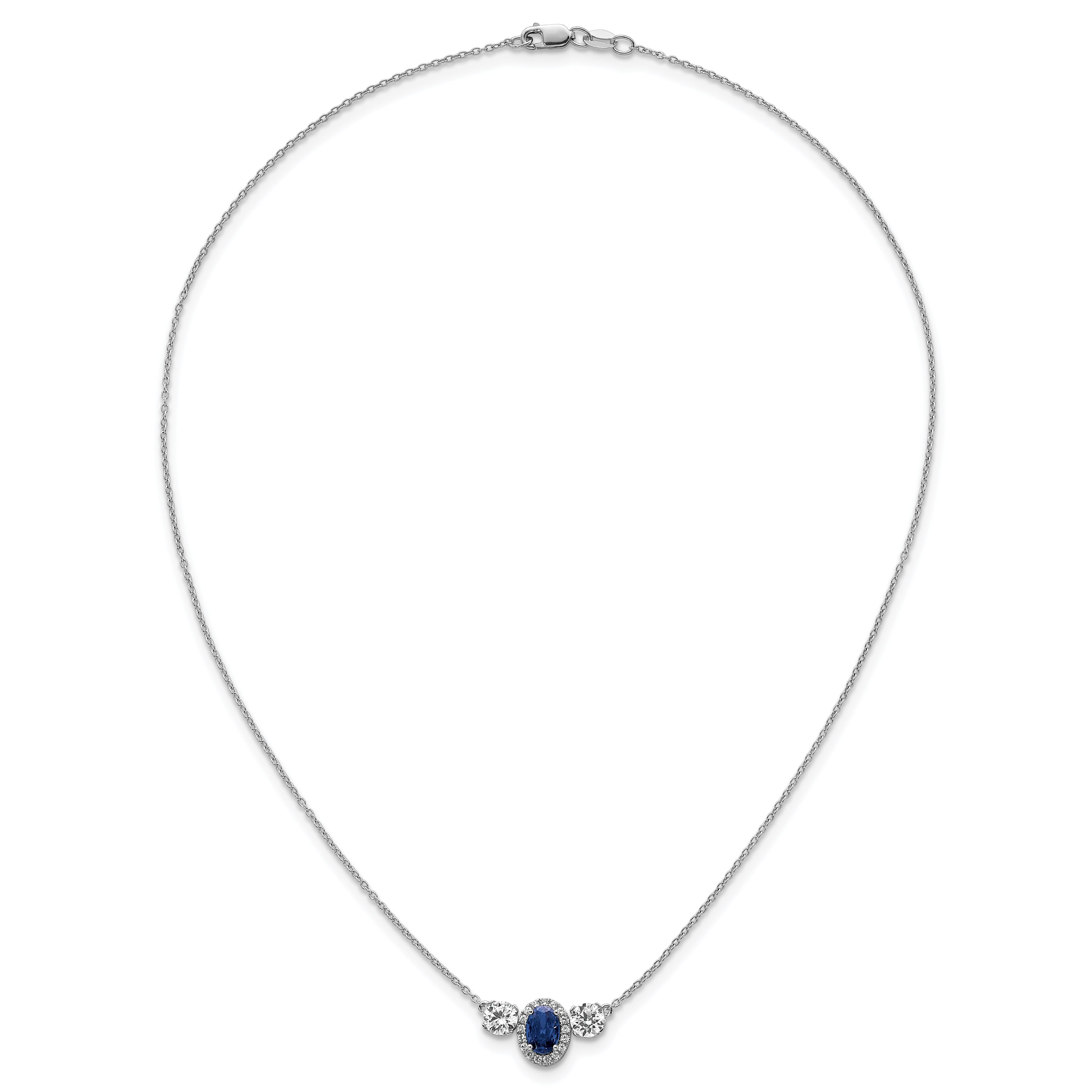 14k White Gold 1 1/8 carat Lab Grown Diamond VS/SI+ G+ and Created Sapphire Complete Three Stone 16 inch Necklace