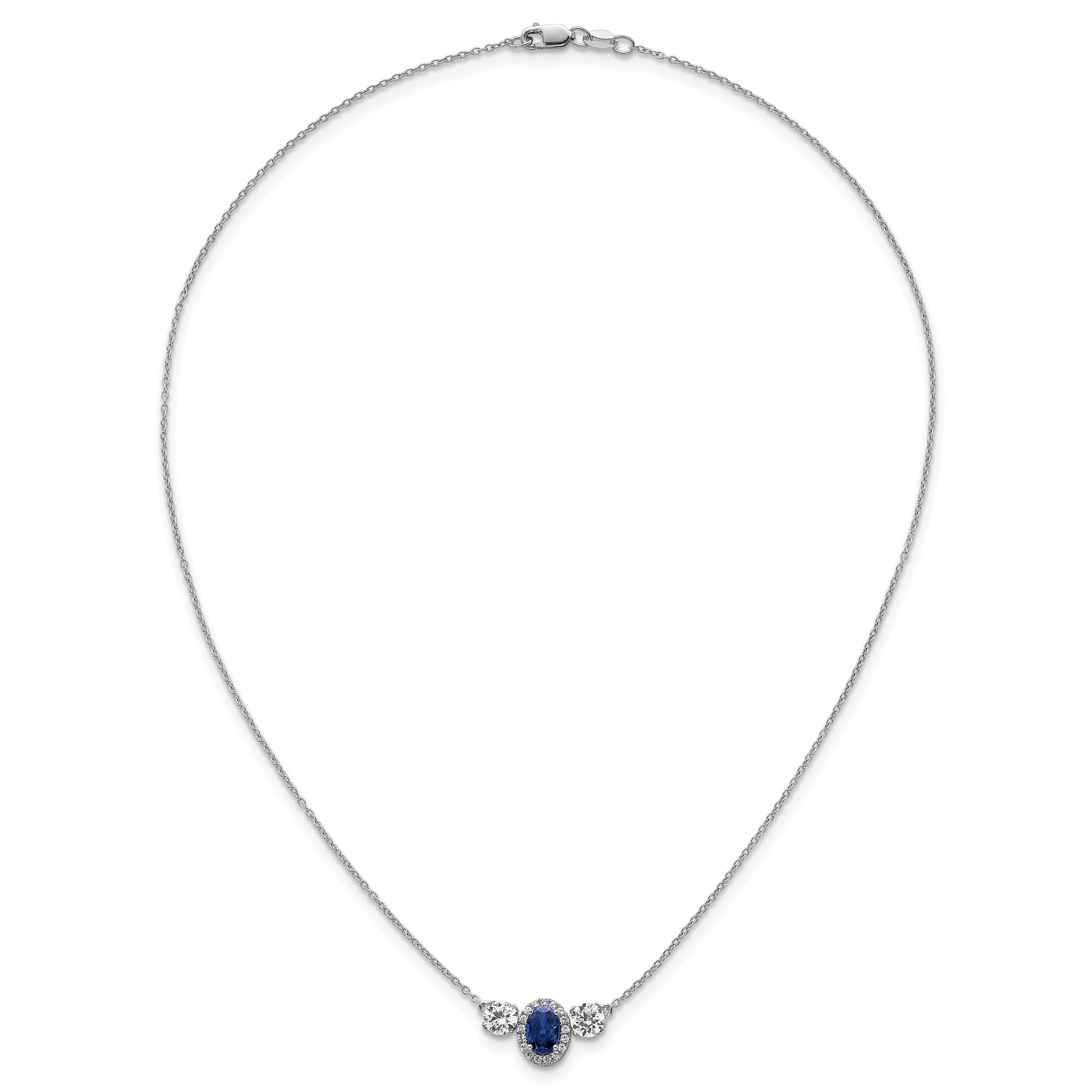 14k White Gold 1 1/8 carat Lab Grown Diamond VS/SI+ G+ and Created Sapphire Complete Three Stone 16 inch Necklace