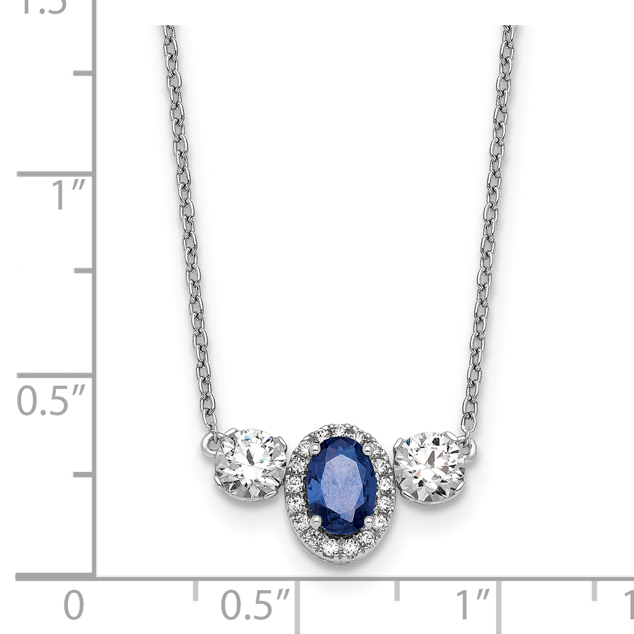 14k White Gold 1 1/8 carat Lab Grown Diamond VS/SI+ G+ and Created Sapphire Complete Three Stone 16 inch Necklace