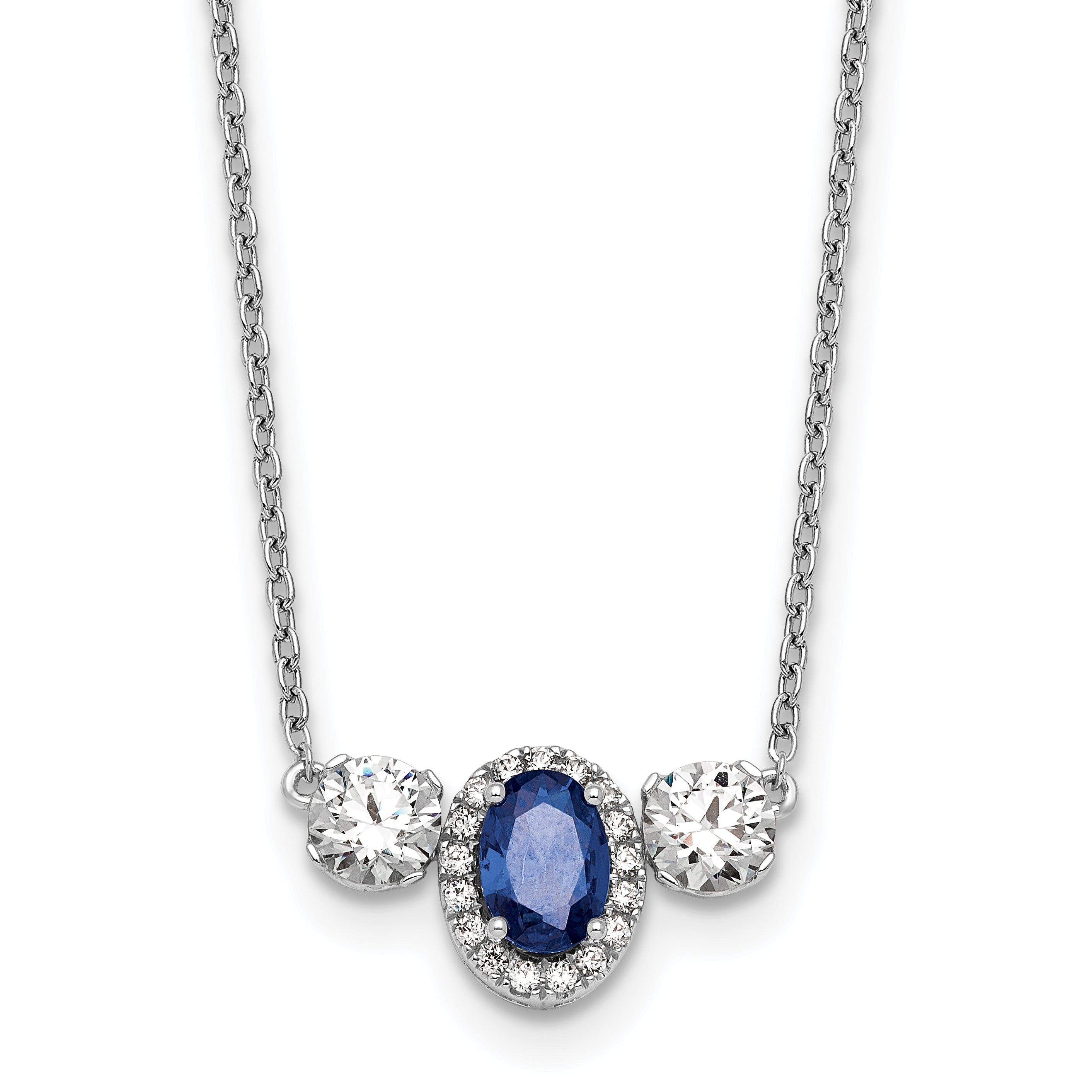 14k White Gold 1 1/8 carat Lab Grown Diamond VS/SI+ G+ and Created Sapphire Complete Three Stone 16 inch Necklace Main image