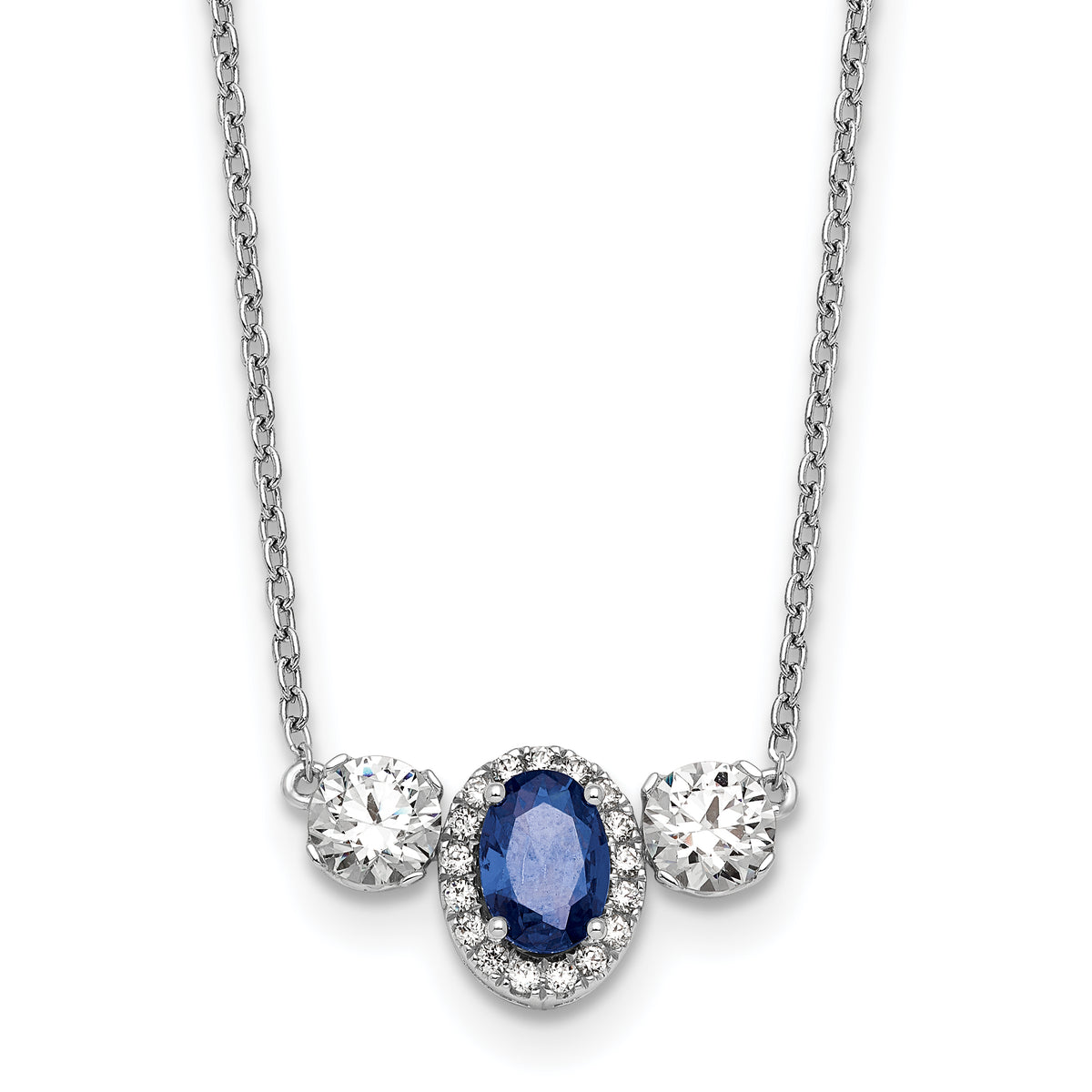 14k White Gold 1 1/8 carat Lab Grown Diamond VS/SI+ G+ and Created Sapphire Complete Three Stone 16 inch Necklace