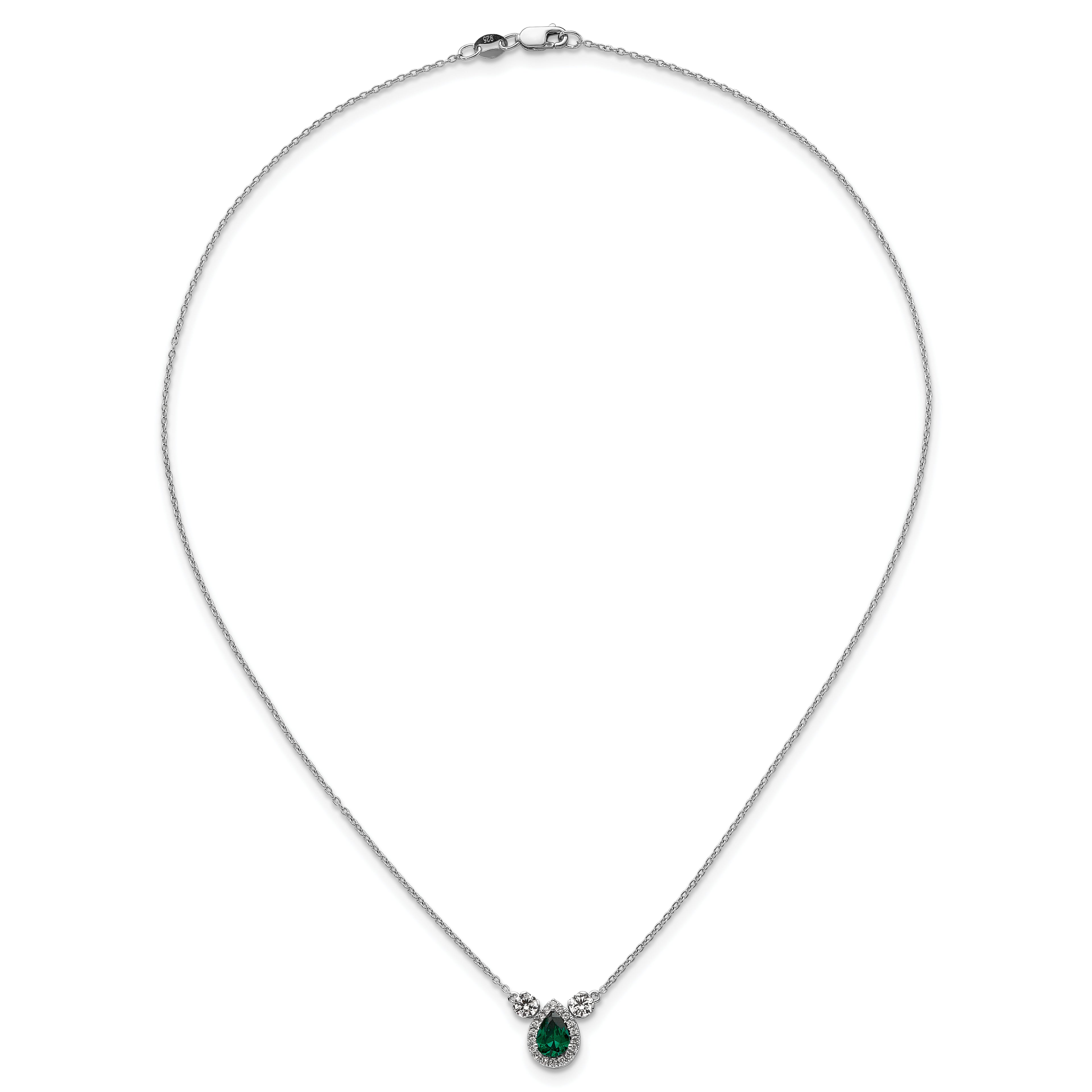 14k White Gold 1/2 carat Lab Grown Diamond VS/SI+ G+ and Created Emerald Complete Three Stone 16 inch Necklace
