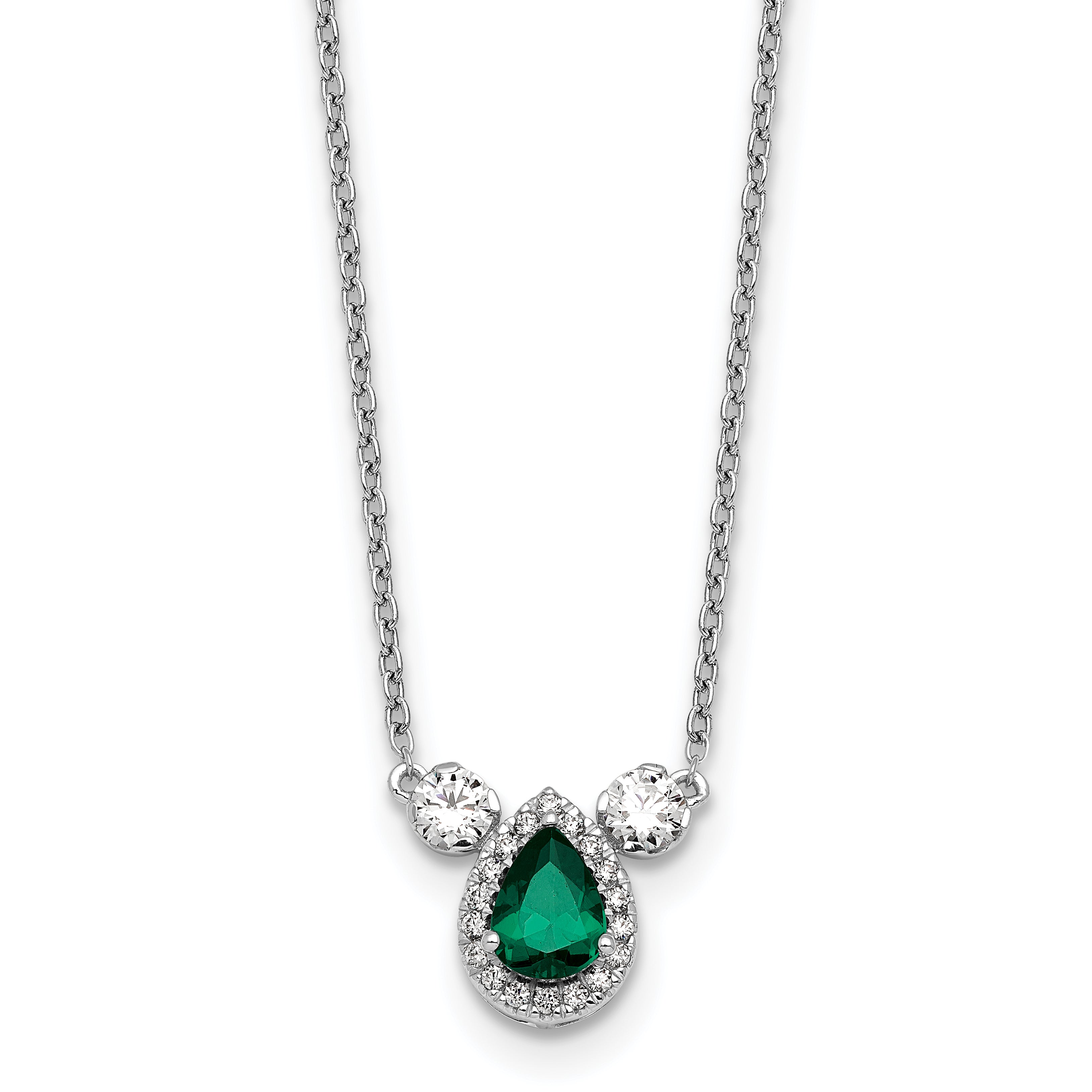 14k White Gold 1/2 carat Lab Grown Diamond VS/SI+ G+ and Created Emerald Complete Three Stone 16 inch Necklace Main image