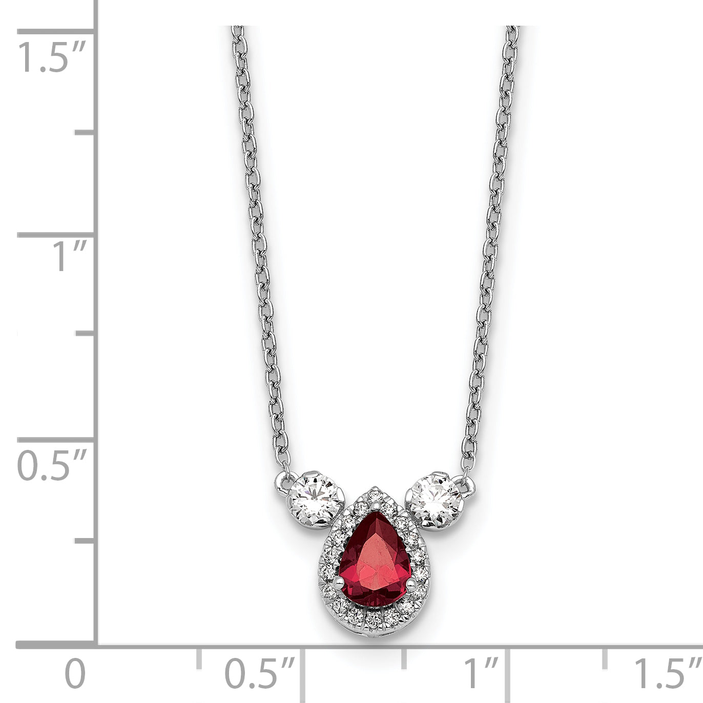 14k White Gold 1/2 carat Lab Grown Diamond VS/SI+ G+ and Created Ruby Complete Three Stone 16 inch Necklace