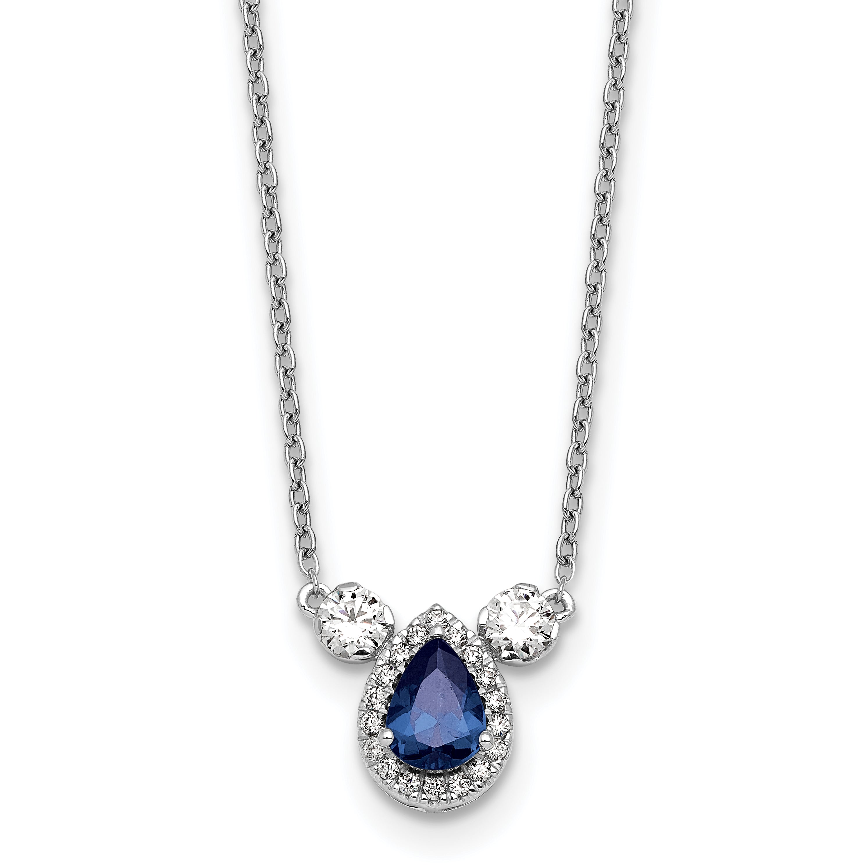 14k White Gold 1/2 carat Lab Grown Diamond VS/SI+ G+ and Created Sapphire Complete Three Stone 16 inch Necklace Main image