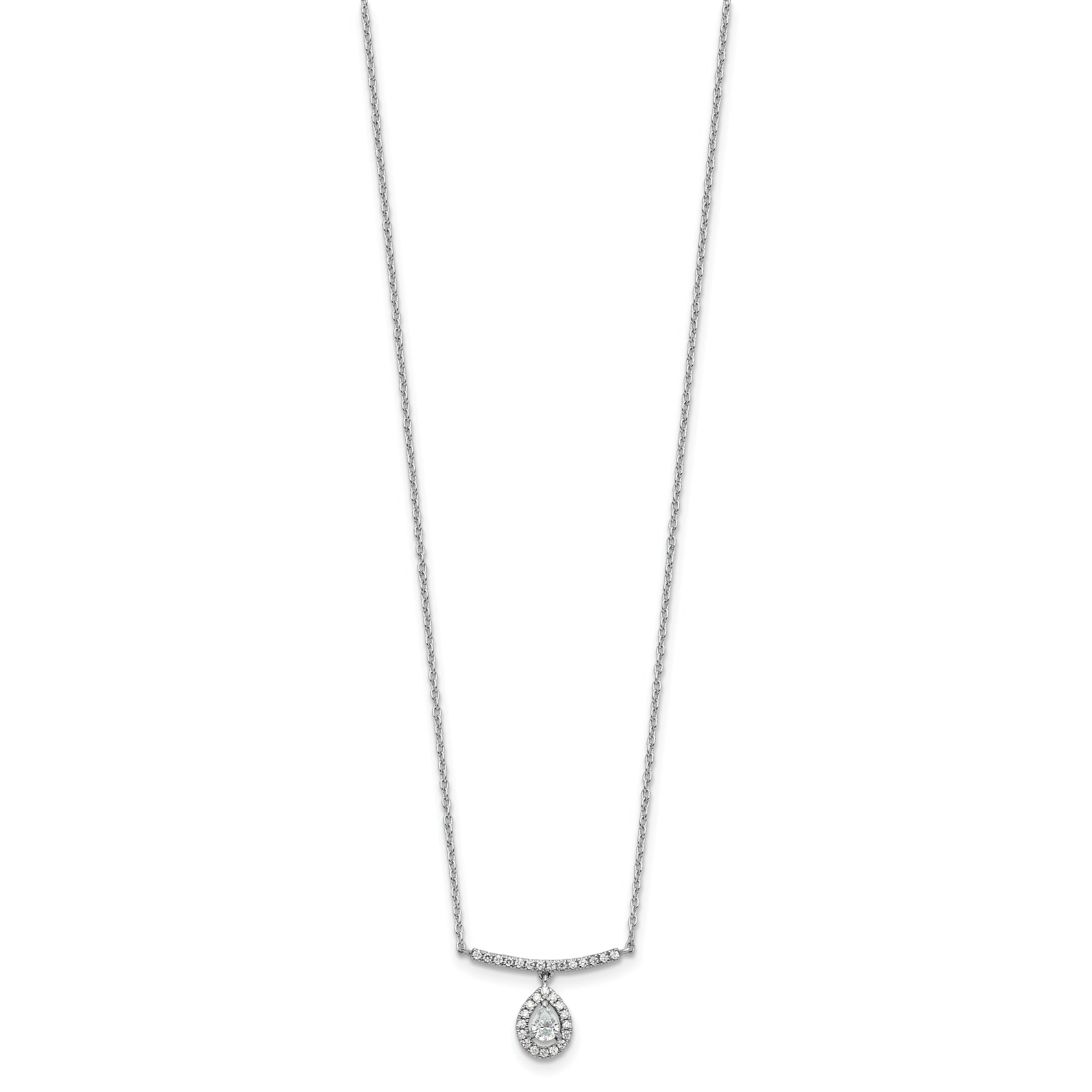14K White Gold 1/4 carat Diamond Bar with Dangle Pear Halo 18 inch Necklace