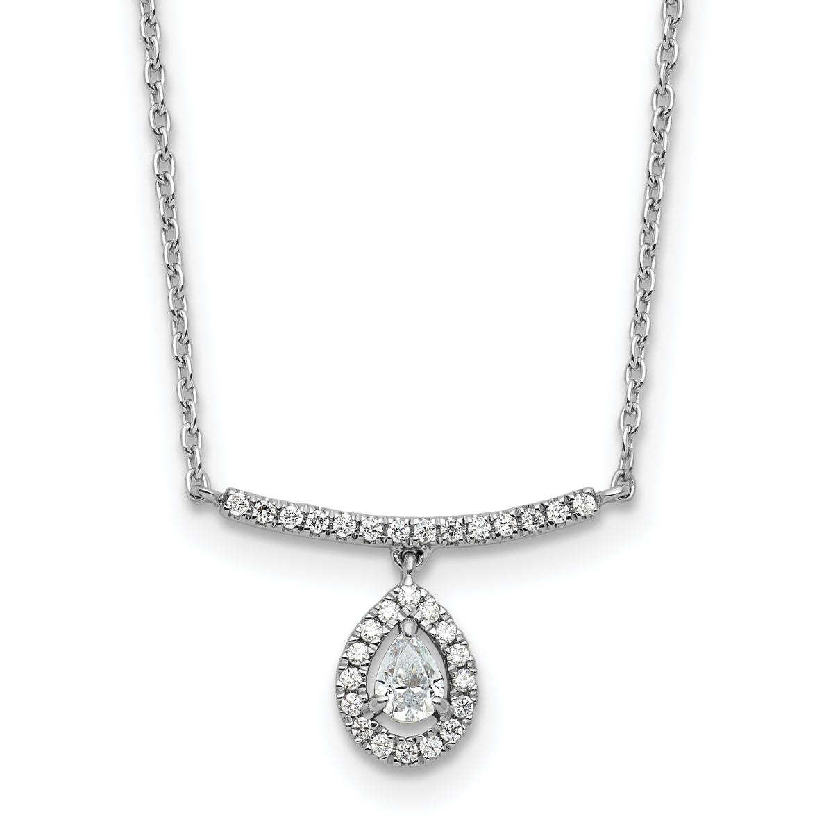 14K White Gold 1/4 carat Diamond Bar with Dangle Pear Halo 18 inch Necklace