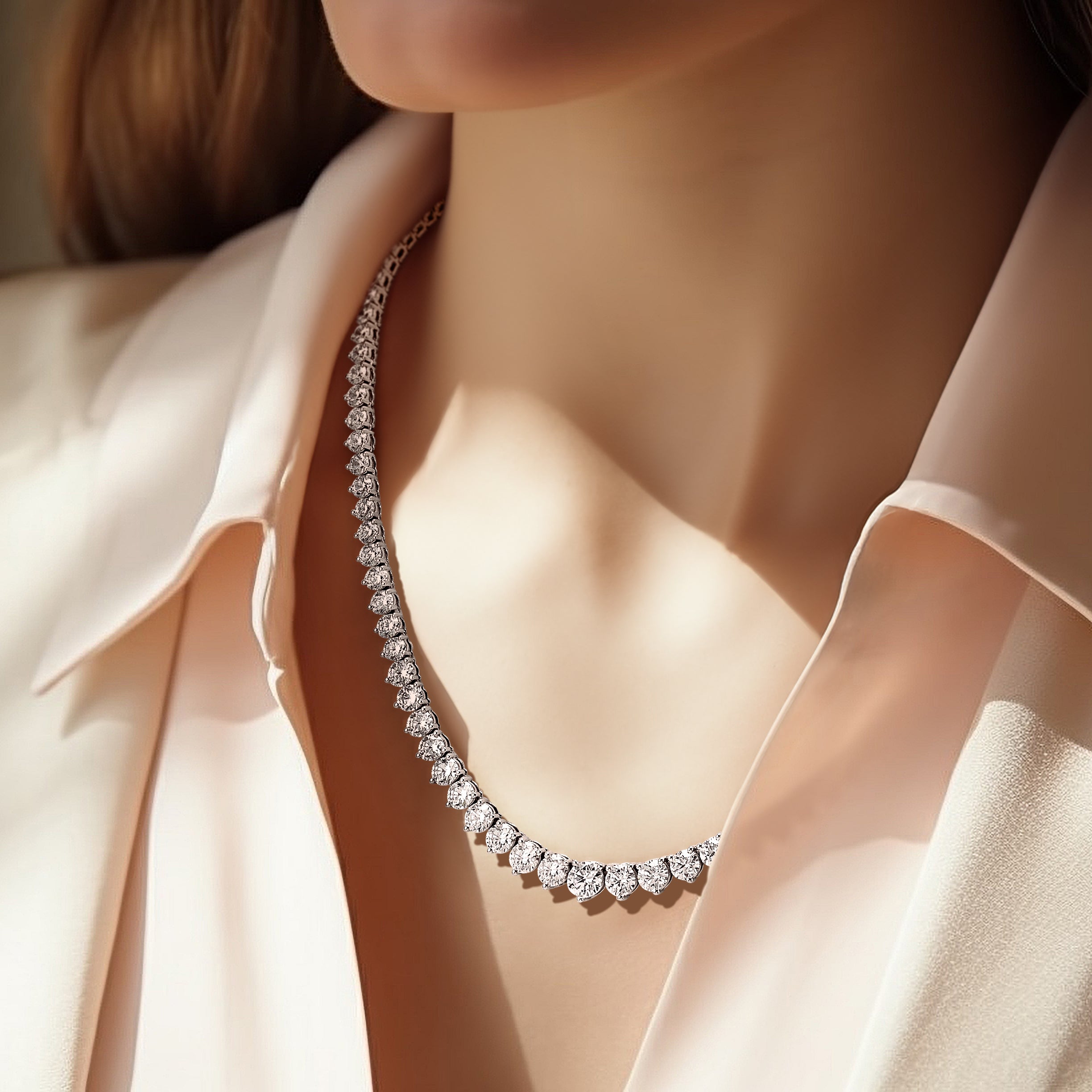 14k White Gold 26 3/4 carat Lab Grown Diamond VS+ F+ Complete Round 18 inch Graduated Tennis Necklace