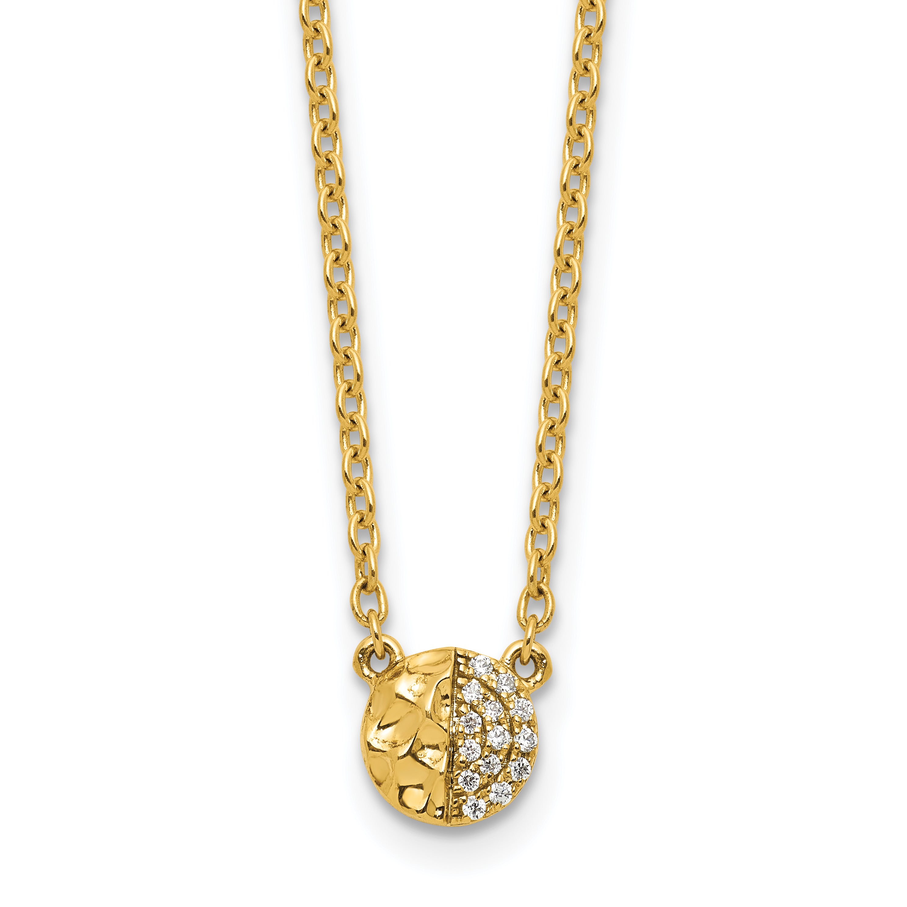 14K Polished and Hammered 1/20 carat Diamond Disk 18 inch Necklace