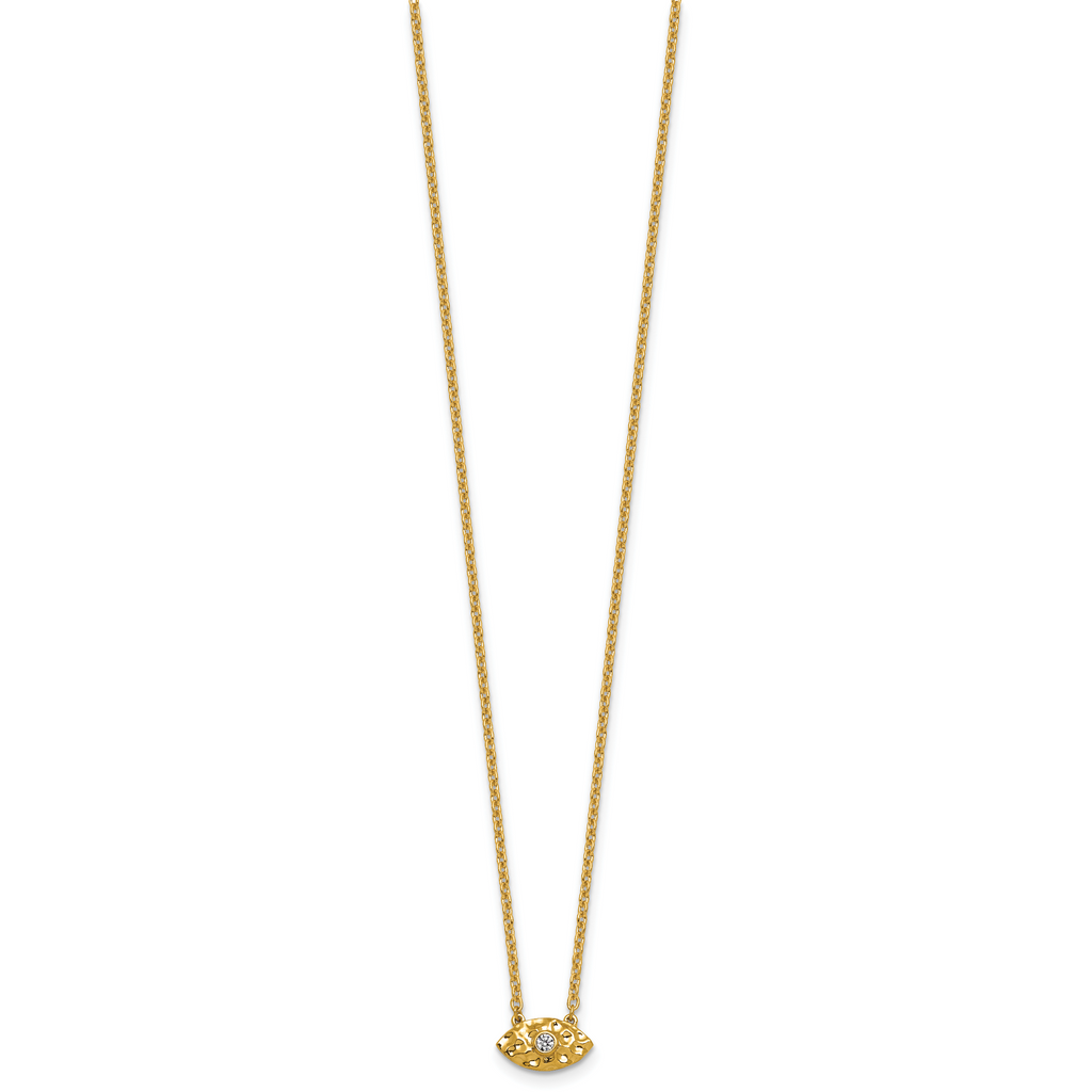14K Polished and Hammered 1/20 carat Diamond Evil Eye 18 inch Necklace