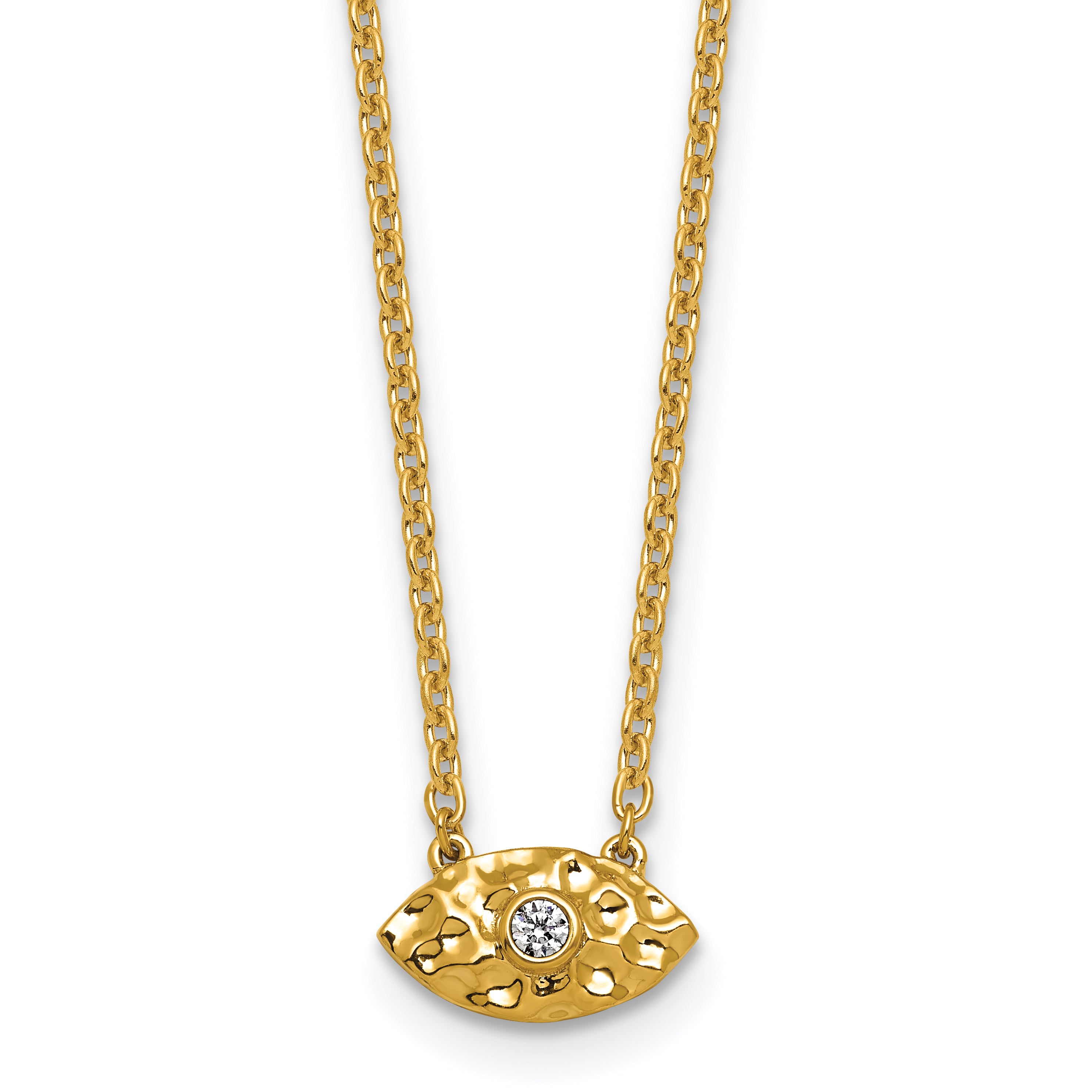 14K Polished and Hammered 1/20 carat Diamond Evil Eye 18 inch Necklace