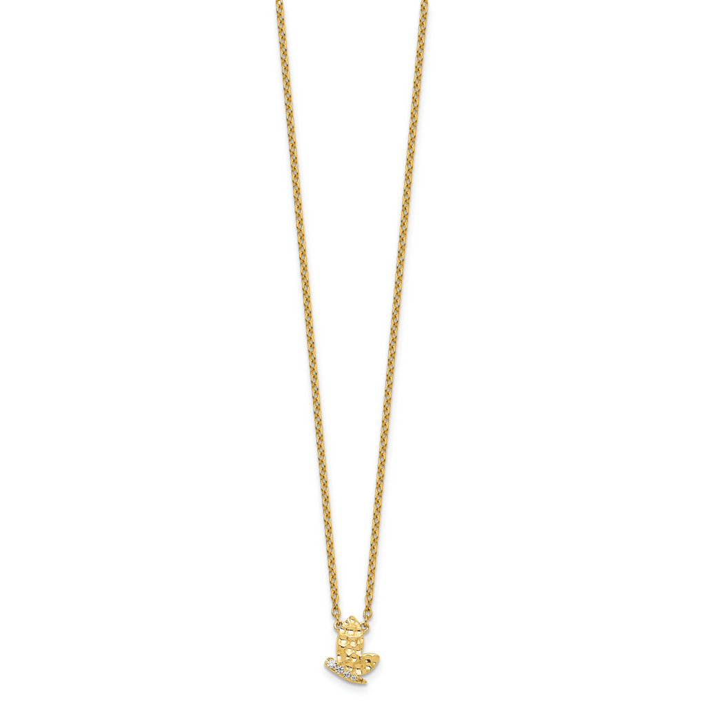 14K Polished and Hammered 1/20 carat Diamond Butterfly 18 inch Necklace