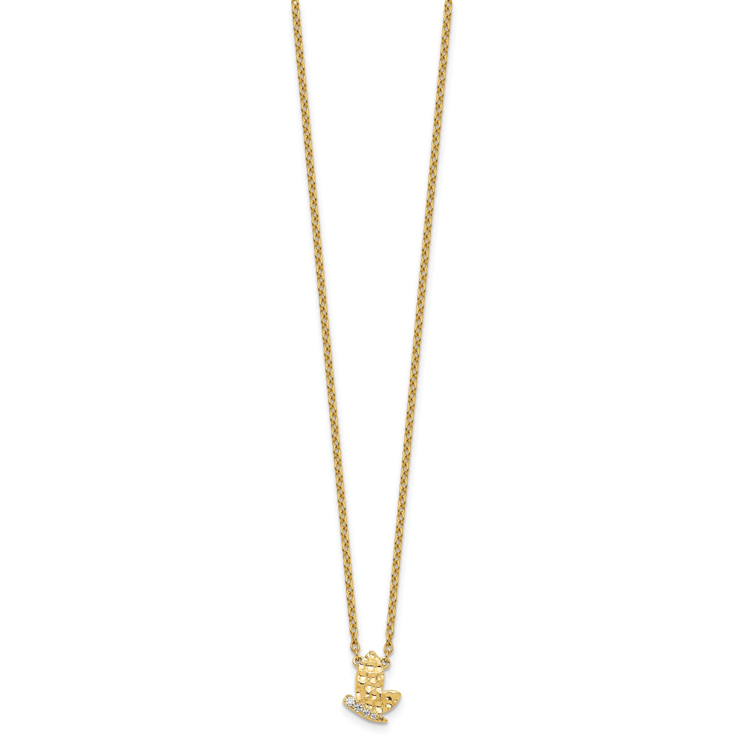 14K Polished and Hammered 1/20 carat Diamond Butterfly 18 inch Necklace