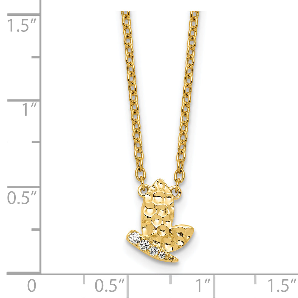 14K Polished and Hammered 1/20 carat Diamond Butterfly 18 inch Necklace