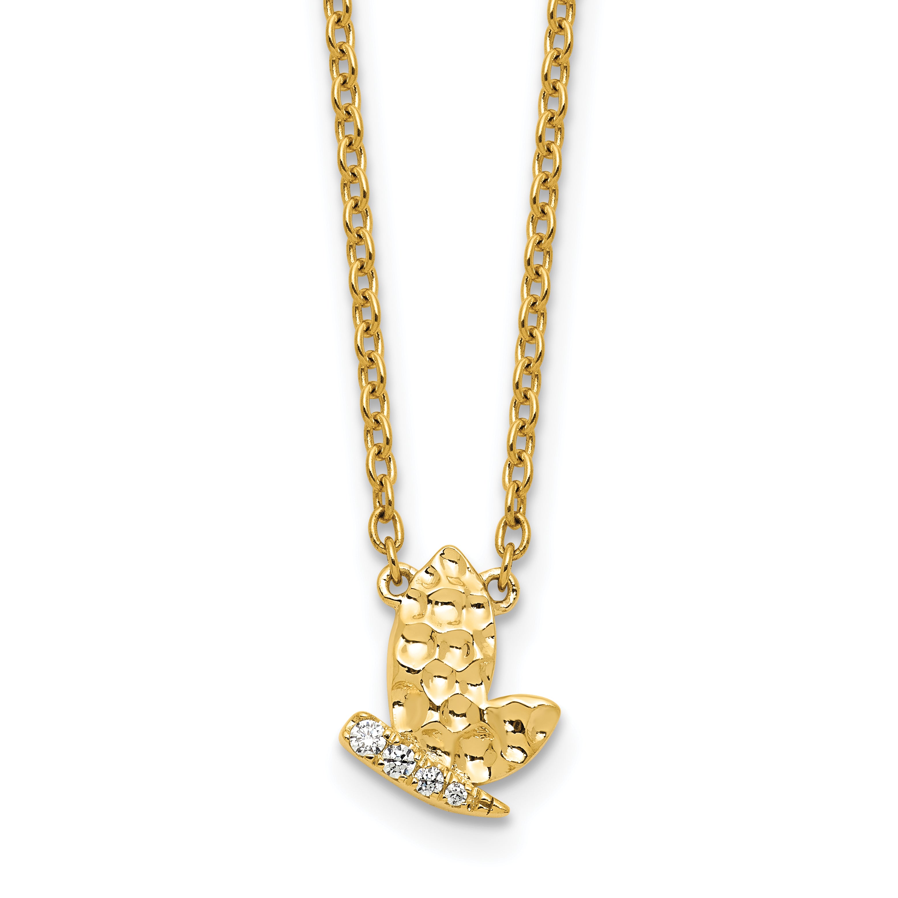 14K Polished and Hammered 1/20 carat Diamond Butterfly 18 inch Necklace