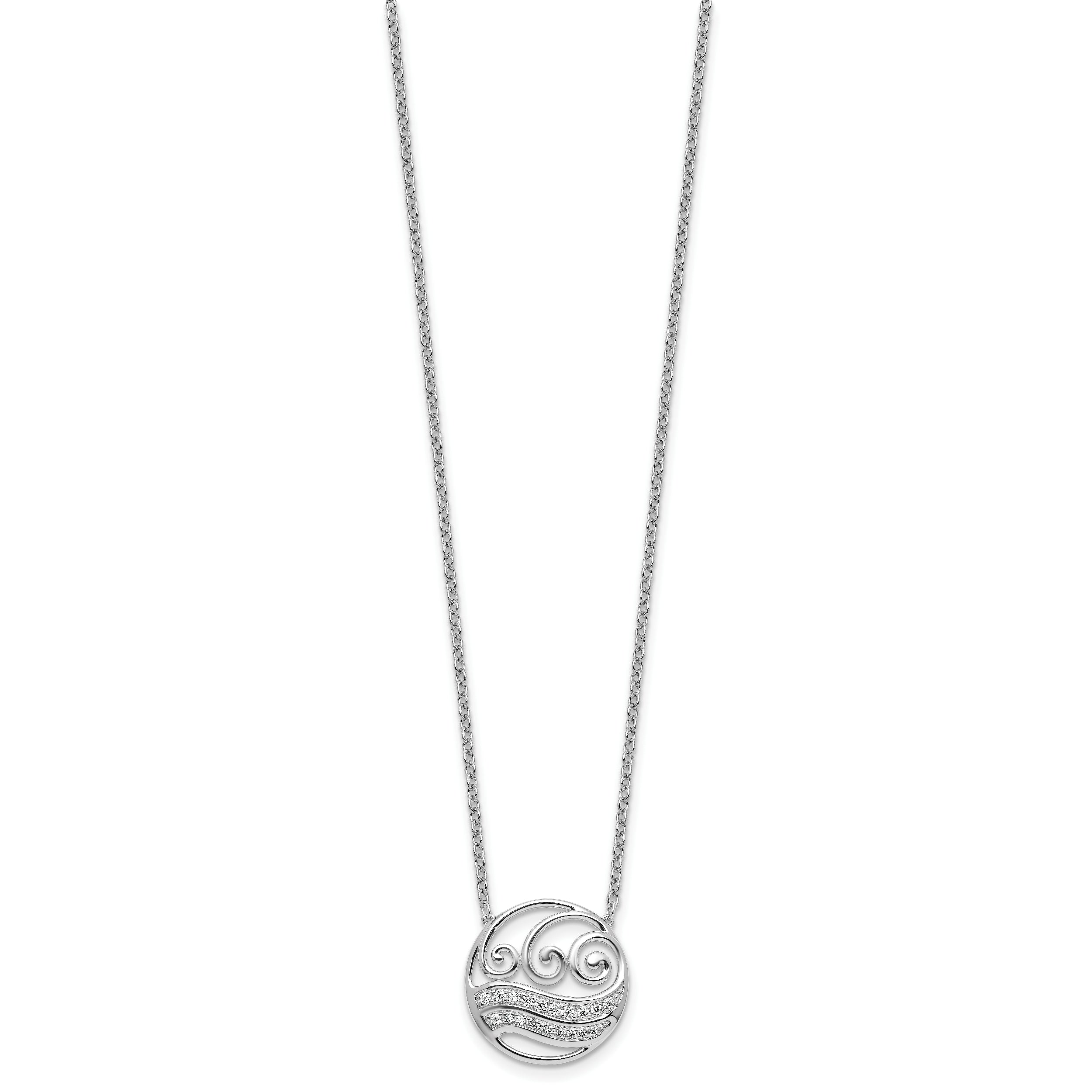 14K White Gold Polished 1/6 carat Diamond Circle with Waves 18 inch Necklace