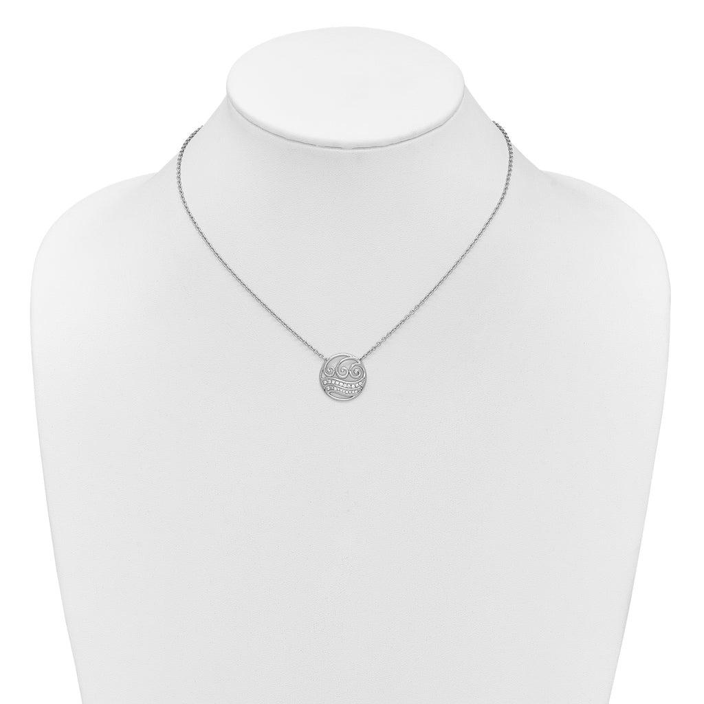 14K White Gold Polished 1/6 carat Diamond Circle with Waves 18 inch Necklace