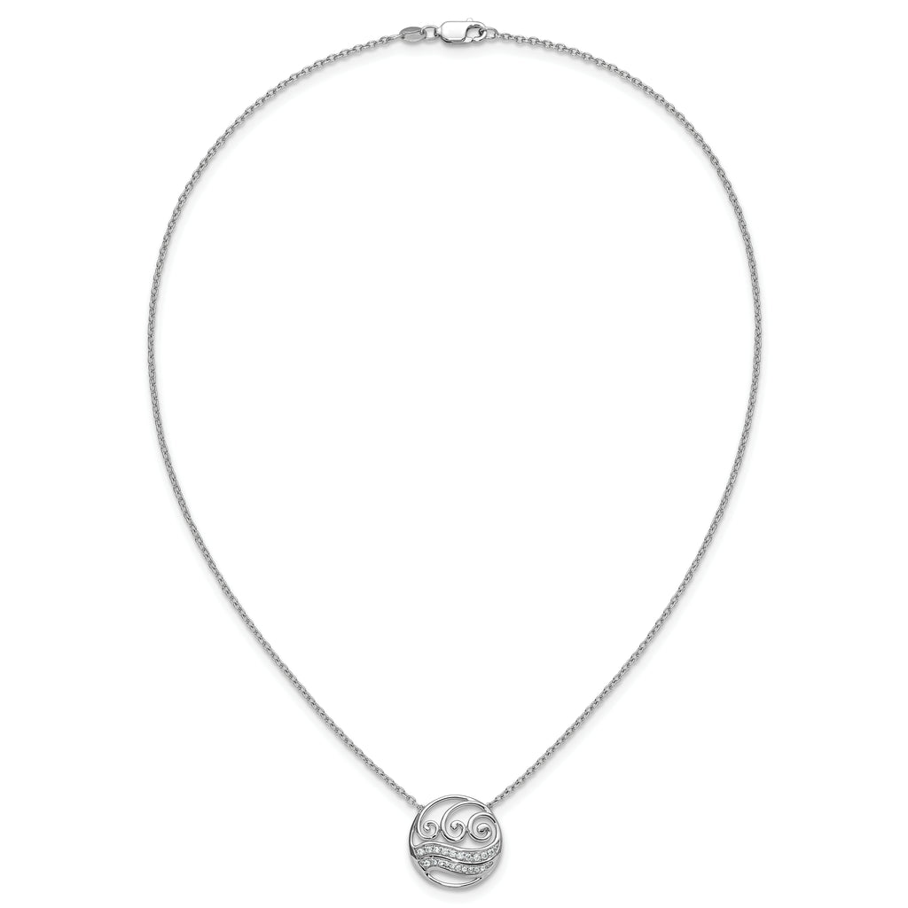 14K White Gold Polished 1/6 carat Diamond Circle with Waves 18 inch Necklace