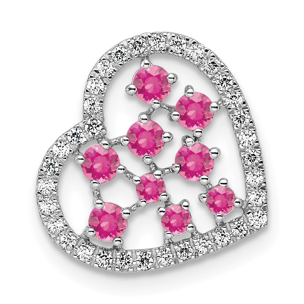 14K White Gold Polished Diamond and Pink Tourmaline Heart Chain Slide Main image