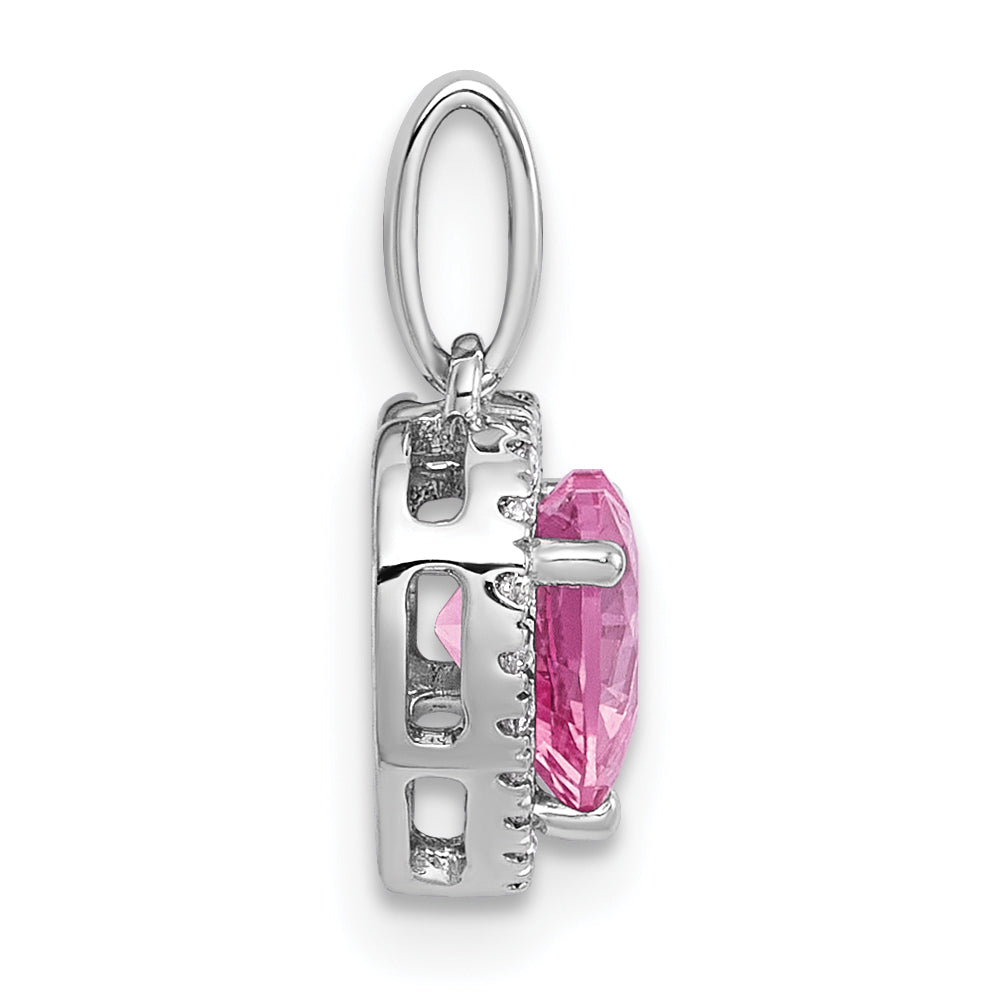 14k White Gold 1/10 carat Lab Grown Diamond VS+ F+ and Genuine Pink Sapphire Complete Halo Heart Pendant Secondary image