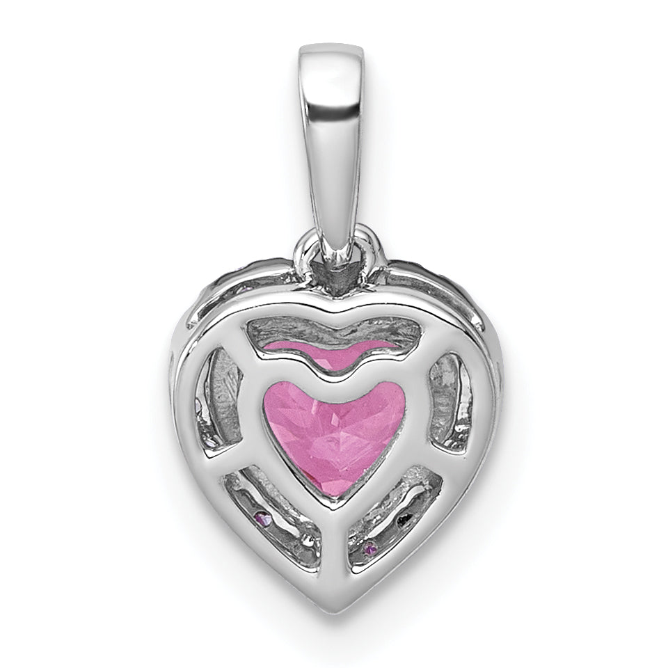 14k White Gold 1/10 carat Lab Grown Diamond VS+ F+ and Genuine Pink Sapphire Complete Halo Heart Pendant