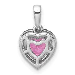 14k White Gold 1/10 carat Lab Grown Diamond VS+ F+ and Genuine Pink Sapphire Complete Halo Heart Pendant
