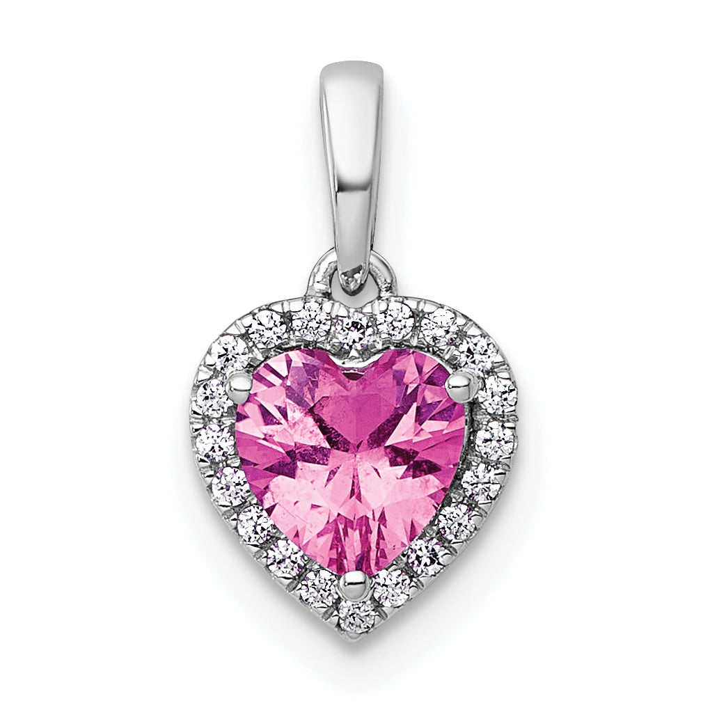 14k White Gold 1/10 carat Lab Grown Diamond VS+ F+ and Genuine Pink Sapphire Complete Halo Heart Pendant