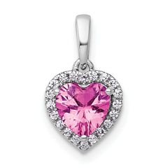 14k White Gold 1/10 carat Lab Grown Diamond VS+ F+ and Genuine Pink Sapphire Complete Halo Heart Pendant