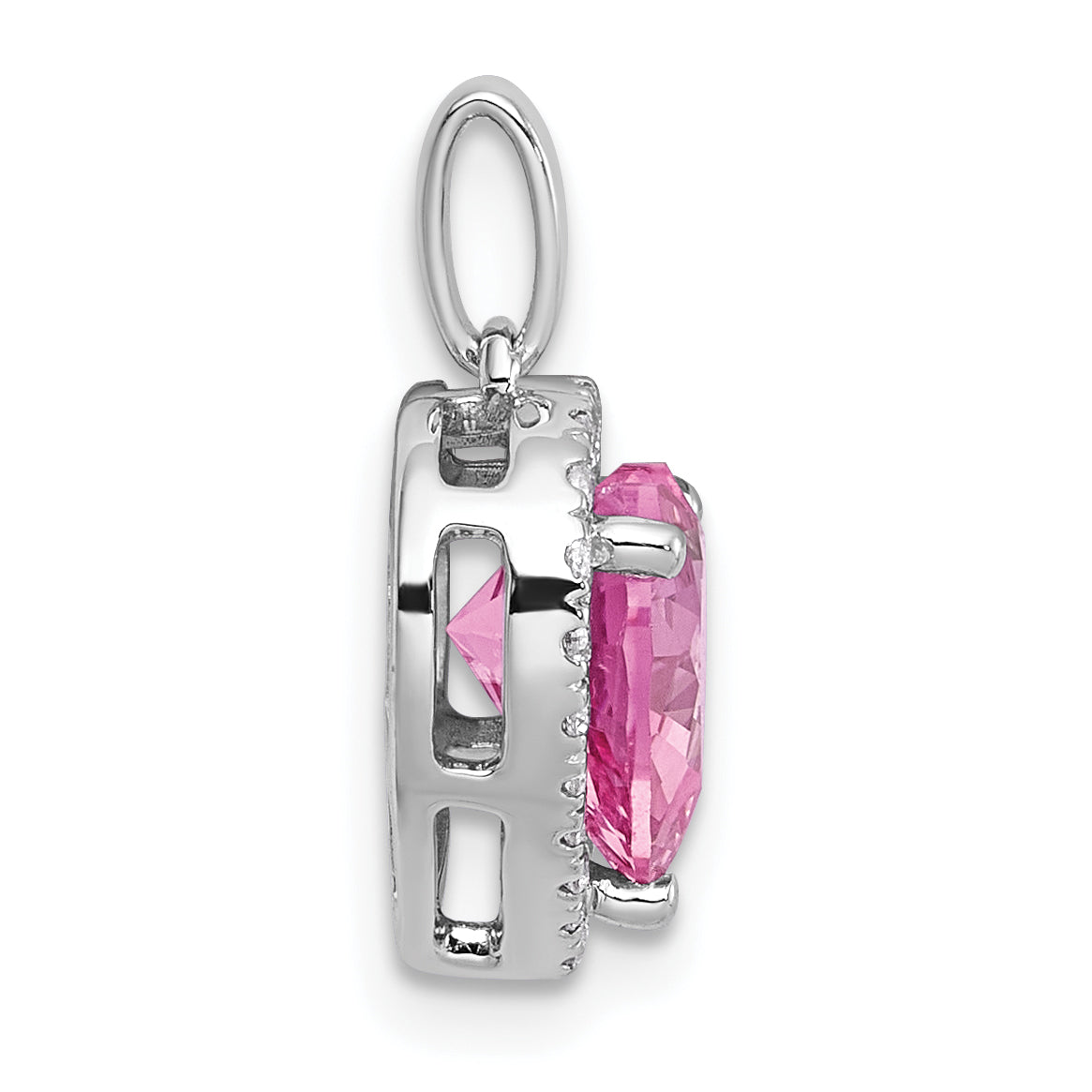 14k White Gold 1/6 carat Lab Grown Diamond VS+ F+ and Genuine Pink Sapphire Complete Halo Heart Pendant Secondary image