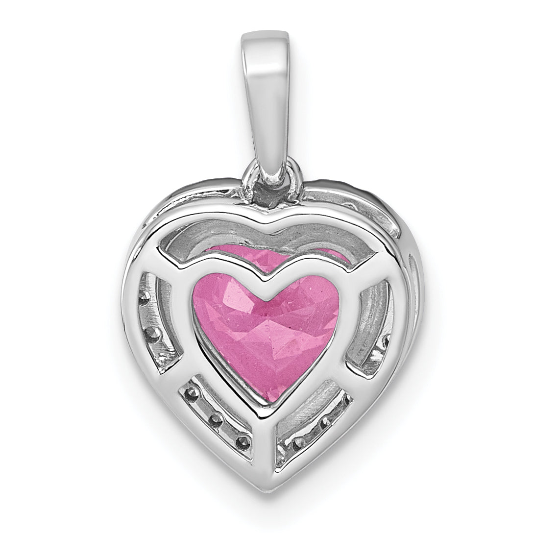 14k White Gold 1/6 carat Lab Grown Diamond VS+ F+ and Genuine Pink Sapphire Complete Halo Heart Pendant