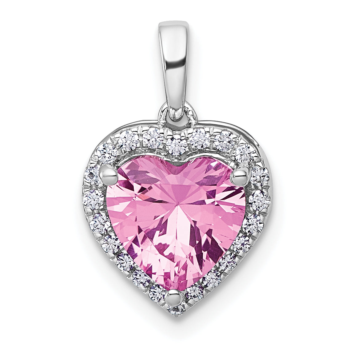 14k White Gold 1/6 carat Lab Grown Diamond VS+ F+ and Genuine Pink Sapphire Complete Halo Heart Pendant Main image