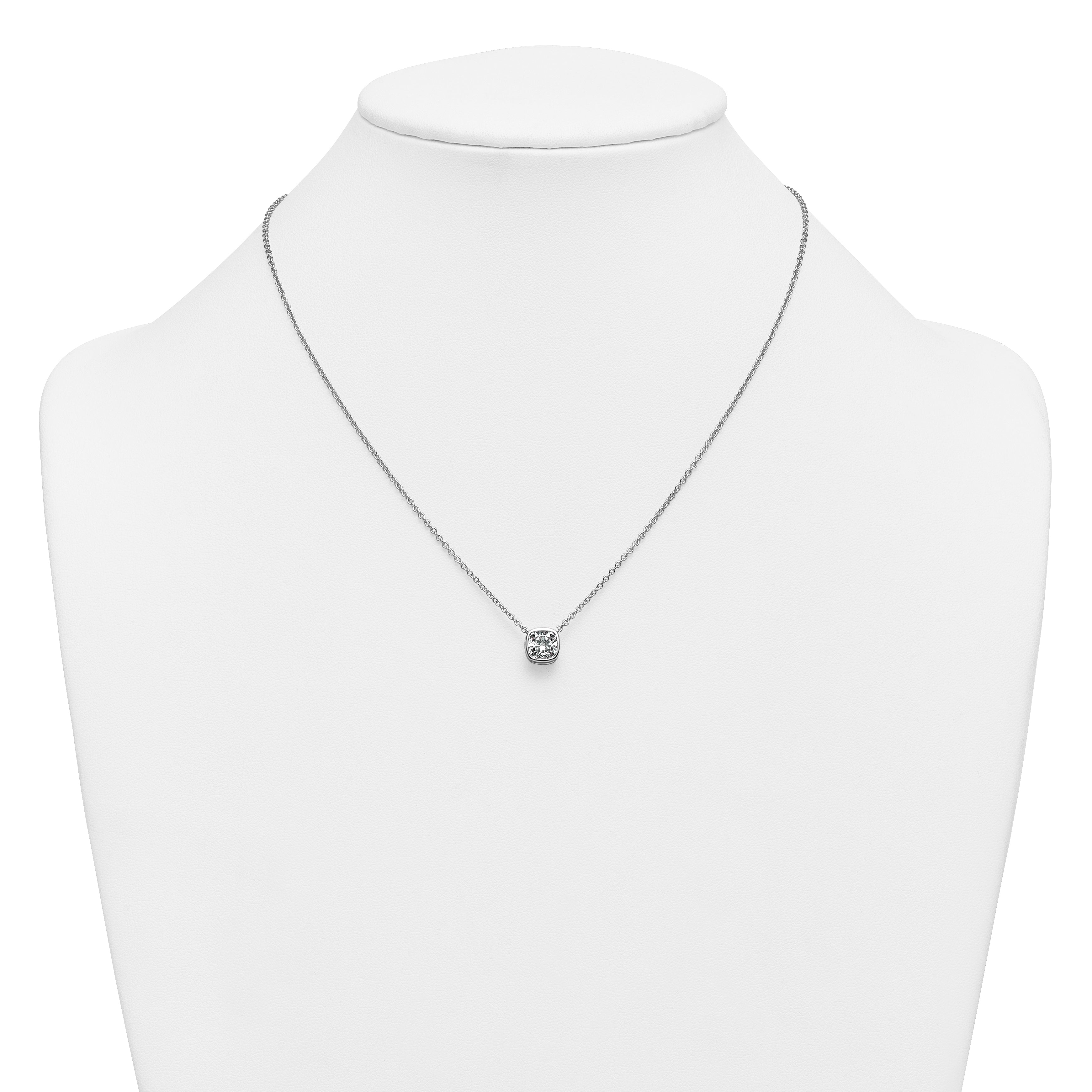 14k White Gold 1 1/2 carat Certified Lab Grown Diamond VS+ F+ Cushion Complete 18 inch Bezel Set Necklace