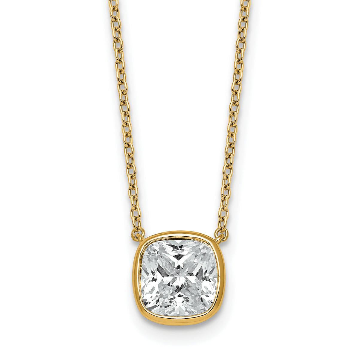 14k 2 1/2ct Cert Lab Grown Dia VS+ F+ Cushion  Bezel Set Pendant