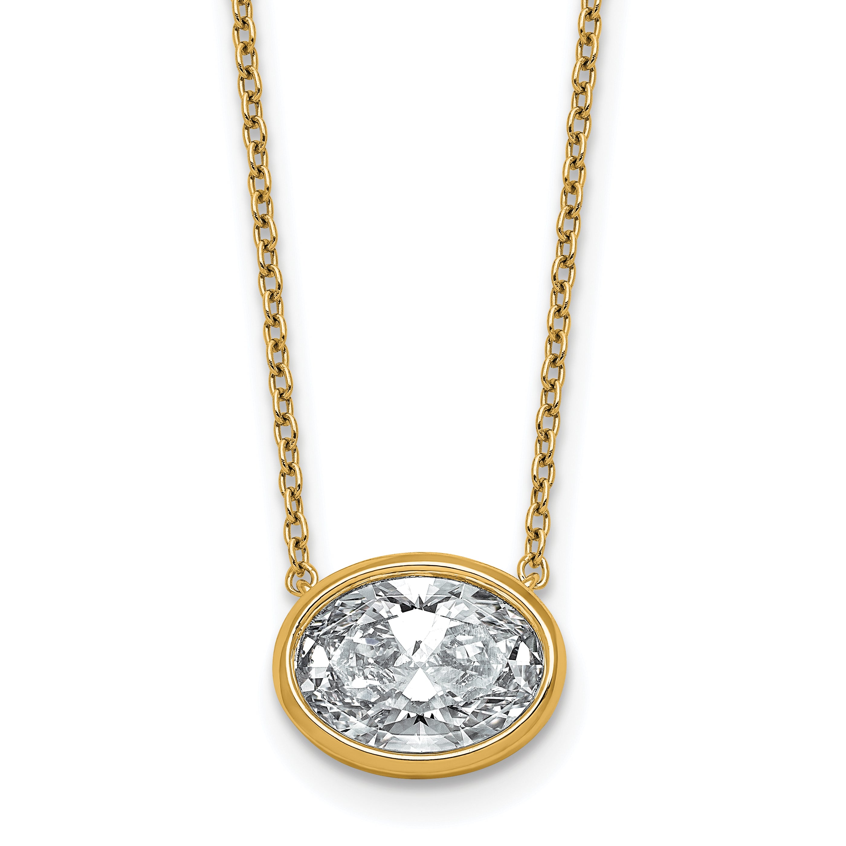 14k 2 1/2 carat Certified Lab Grown Diamond VS+ F+ Oval Complete 18 inch Bezel Set Necklace