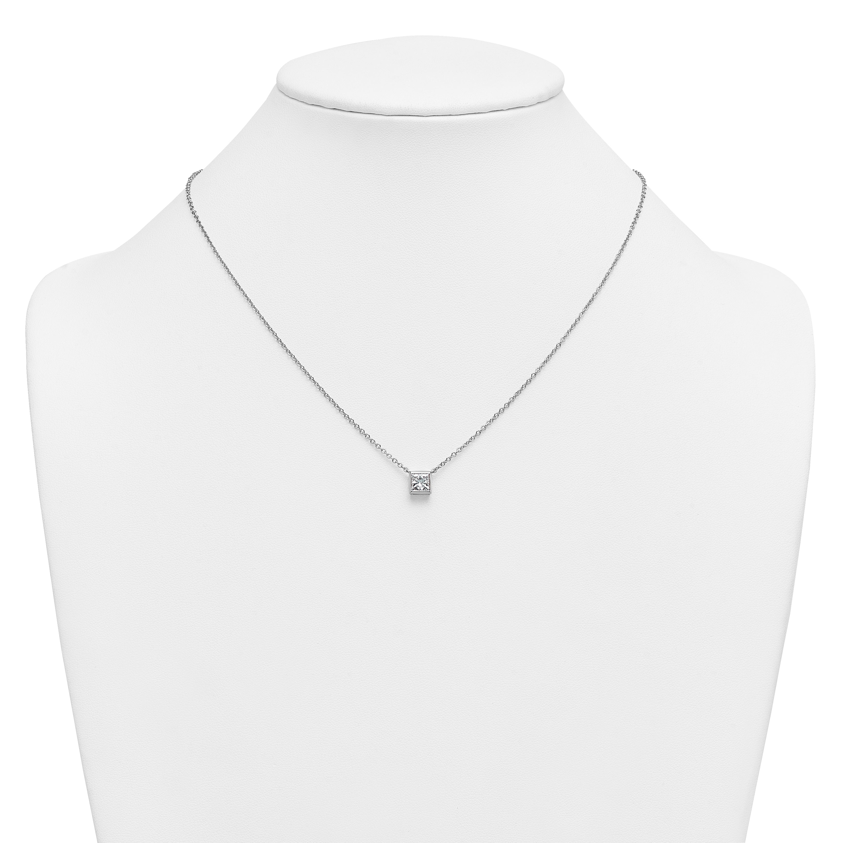 14k White Gold 1 carat Certified Lab Grown Diamond VS+ F+ Princess Complete 18 inch Bezel Set Necklace