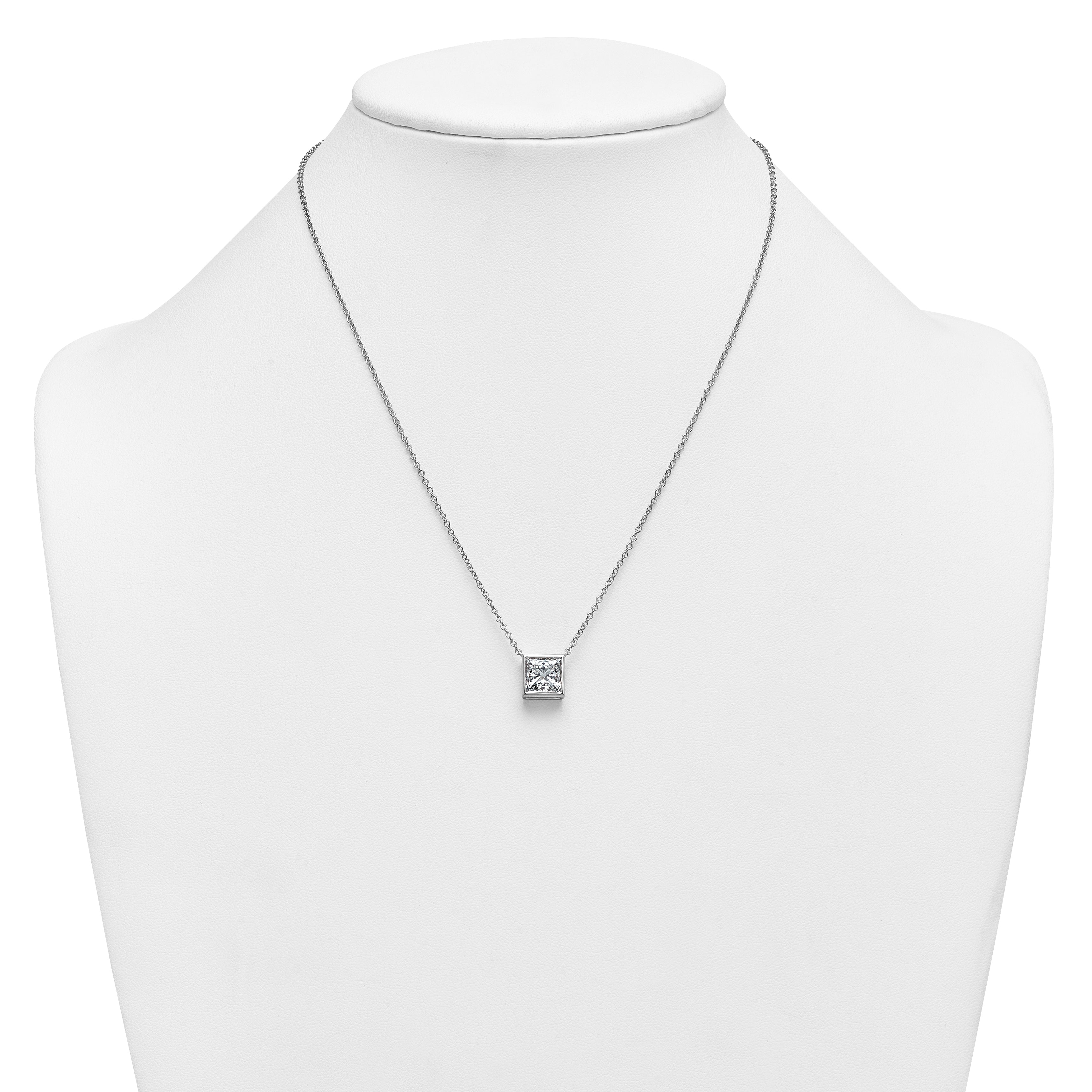 14k White Gold 3 carat Certified Lab Grown Diamond VS+ F+ Princess Complete 18 inch Bezel Set Necklace