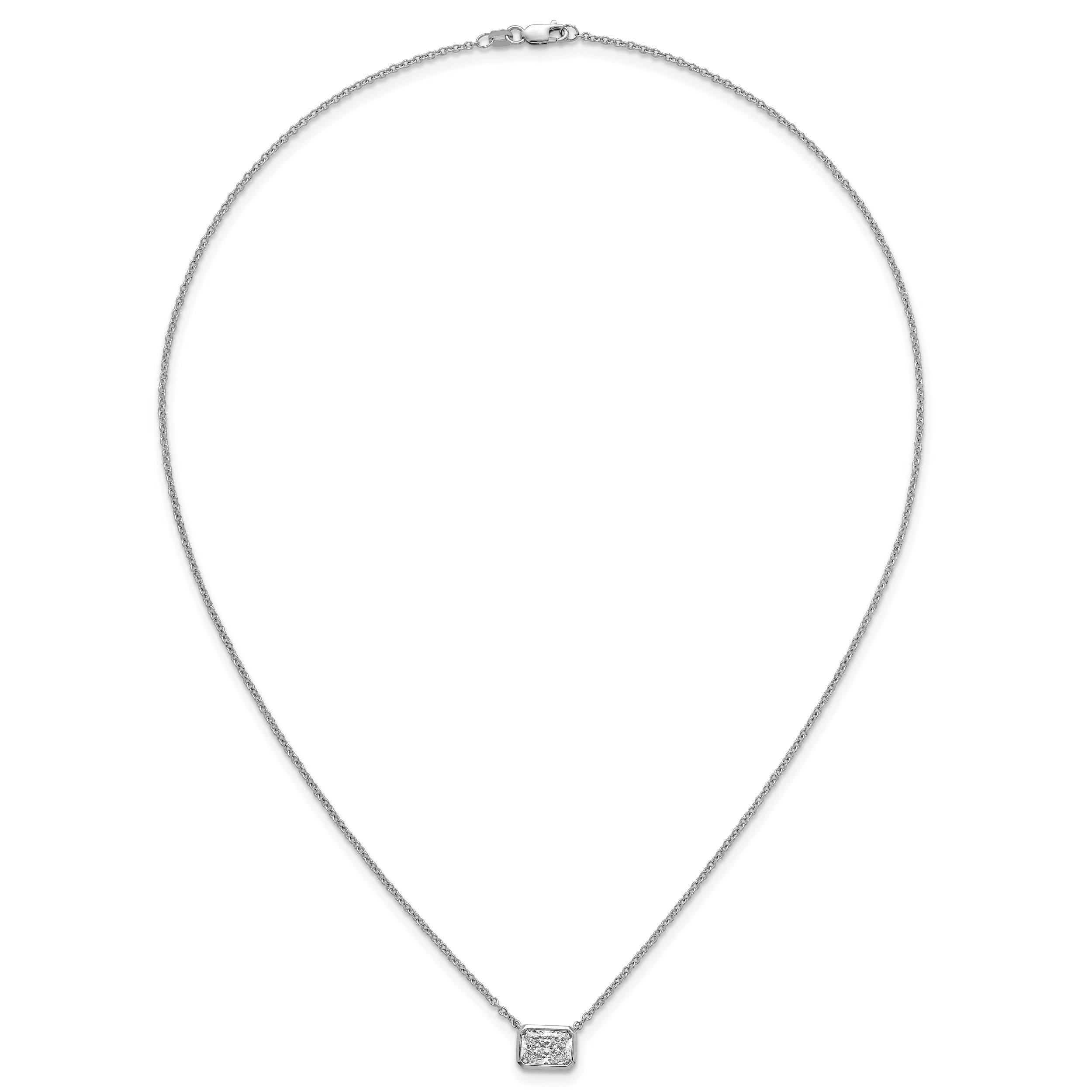 14k White Gold 1 1/2 carat Certified Lab Grown Diamond VS+ F+ Radiant Complete 18 inch Bezel Set Solitaire Necklace