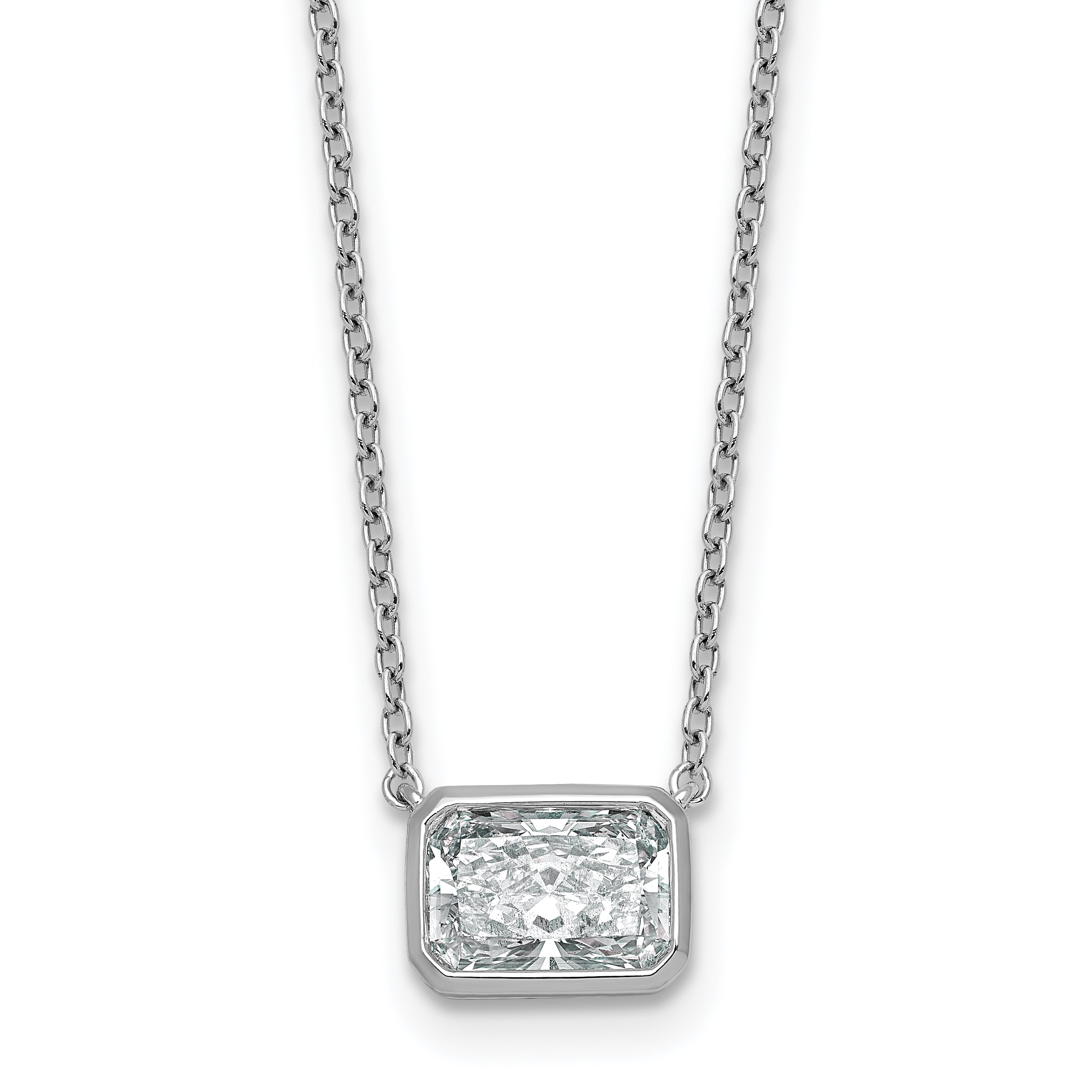 14k White Gold 1 1/2 carat Certified Lab Grown Diamond VS+ F+ Radiant Complete 18 inch Bezel Set Solitaire Necklace