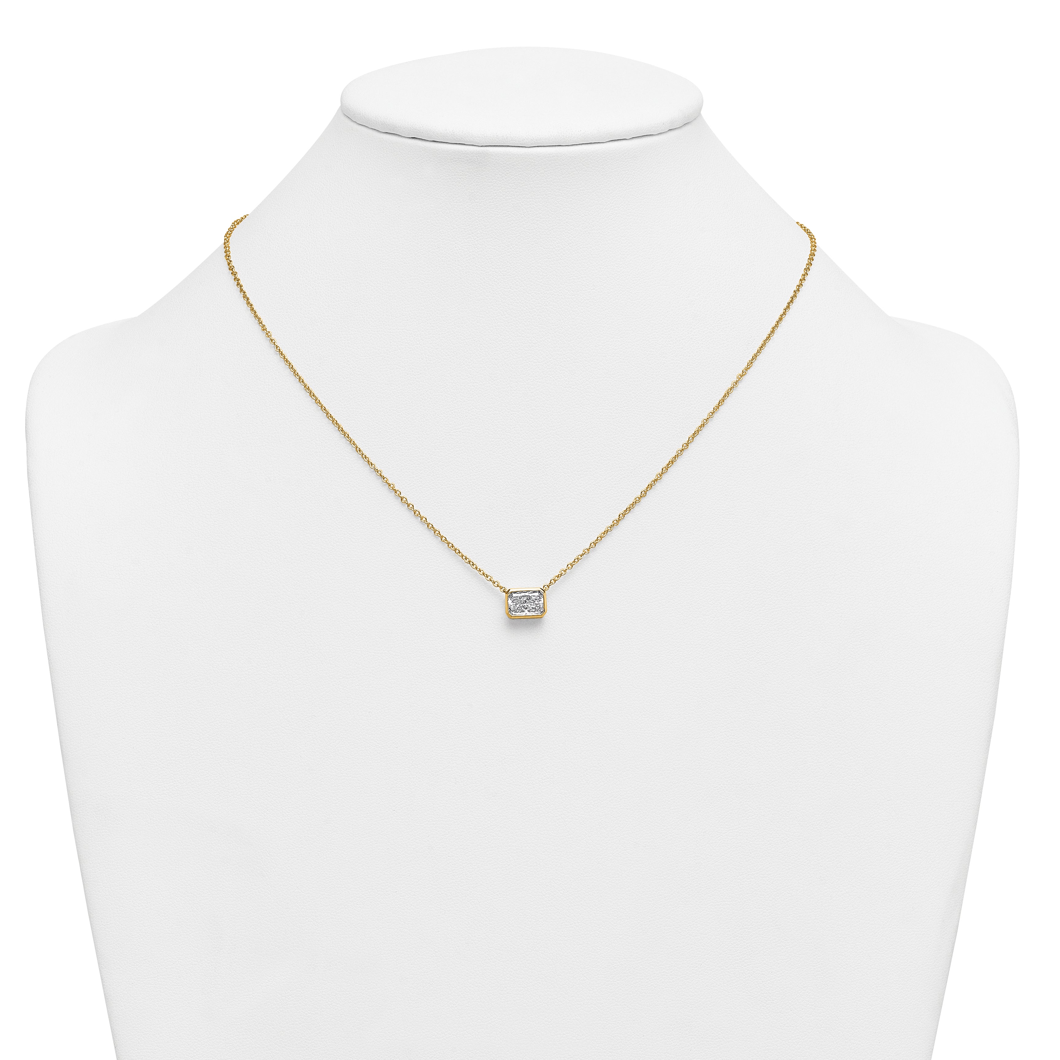 14k 1 1/2 carat Certified Lab Grown Diamond VS+ F+ Radiant Complete 18 inch Bezel Set Solitaire Necklace