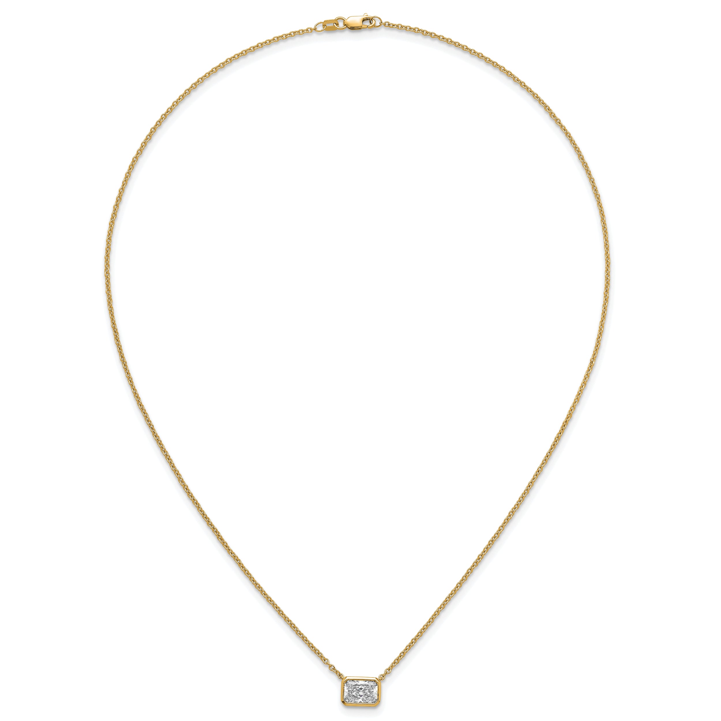 14k 1 1/2 carat Certified Lab Grown Diamond VS+ F+ Radiant Complete 18 inch Bezel Set Solitaire Necklace