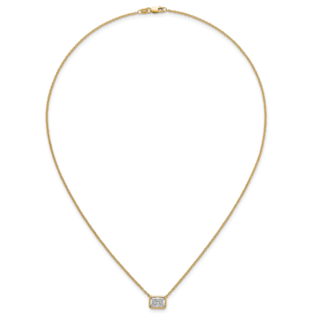 14k 1 1/2 carat Certified Lab Grown Diamond VS+ F+ Radiant Complete 18 inch Bezel Set Solitaire Necklace