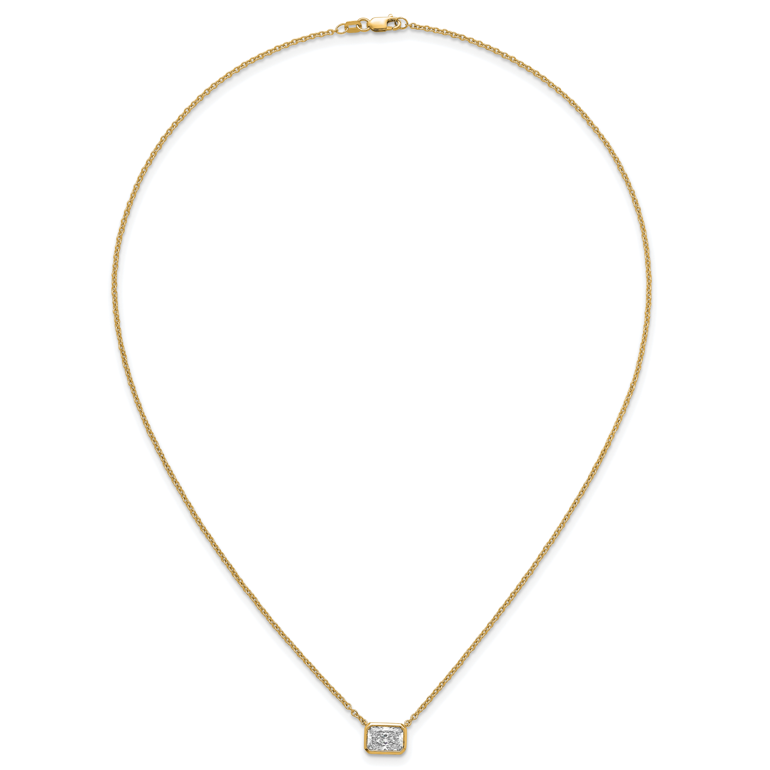 14k 1 1/2 carat Certified Lab Grown Diamond VS+ F+ Radiant Complete 18 inch Bezel Set Solitaire Necklace