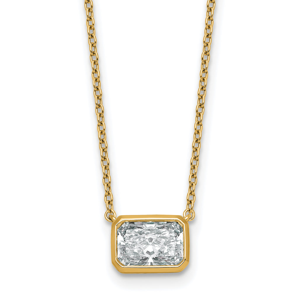 14k 1 1/2 carat Certified Lab Grown Diamond VS+ F+ Radiant Complete 18 inch Bezel Set Solitaire Necklace