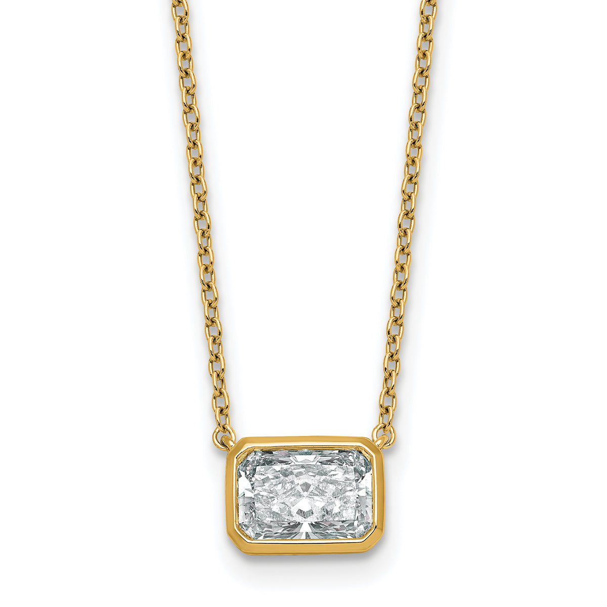 14k 1 1/2 carat Certified Lab Grown Diamond VS+ F+ Radiant Complete 18 inch Bezel Set Solitaire Necklace
