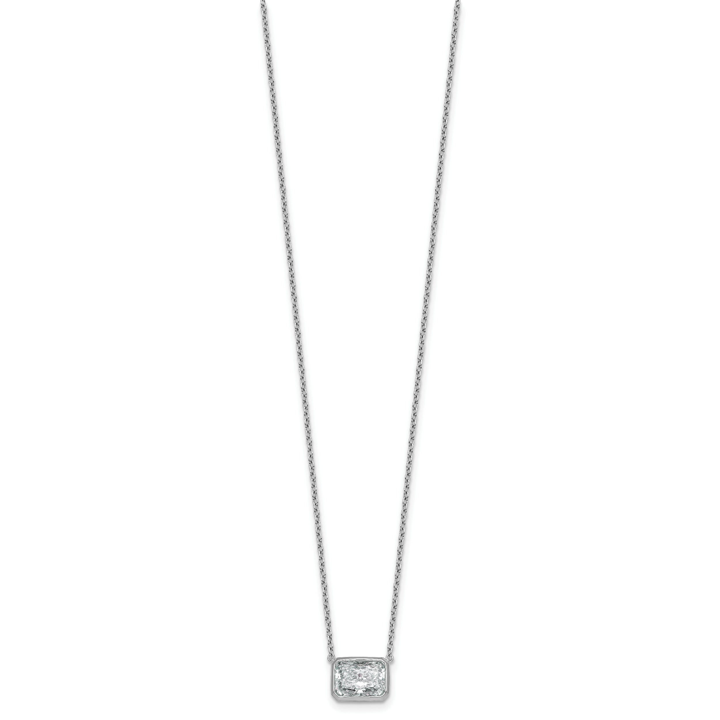 14k White Gold 2 1/2 carat Certified Lab Grown Diamond VS+ F+ Radiant Complete 18 inch Bezel Set Solitaire Necklace