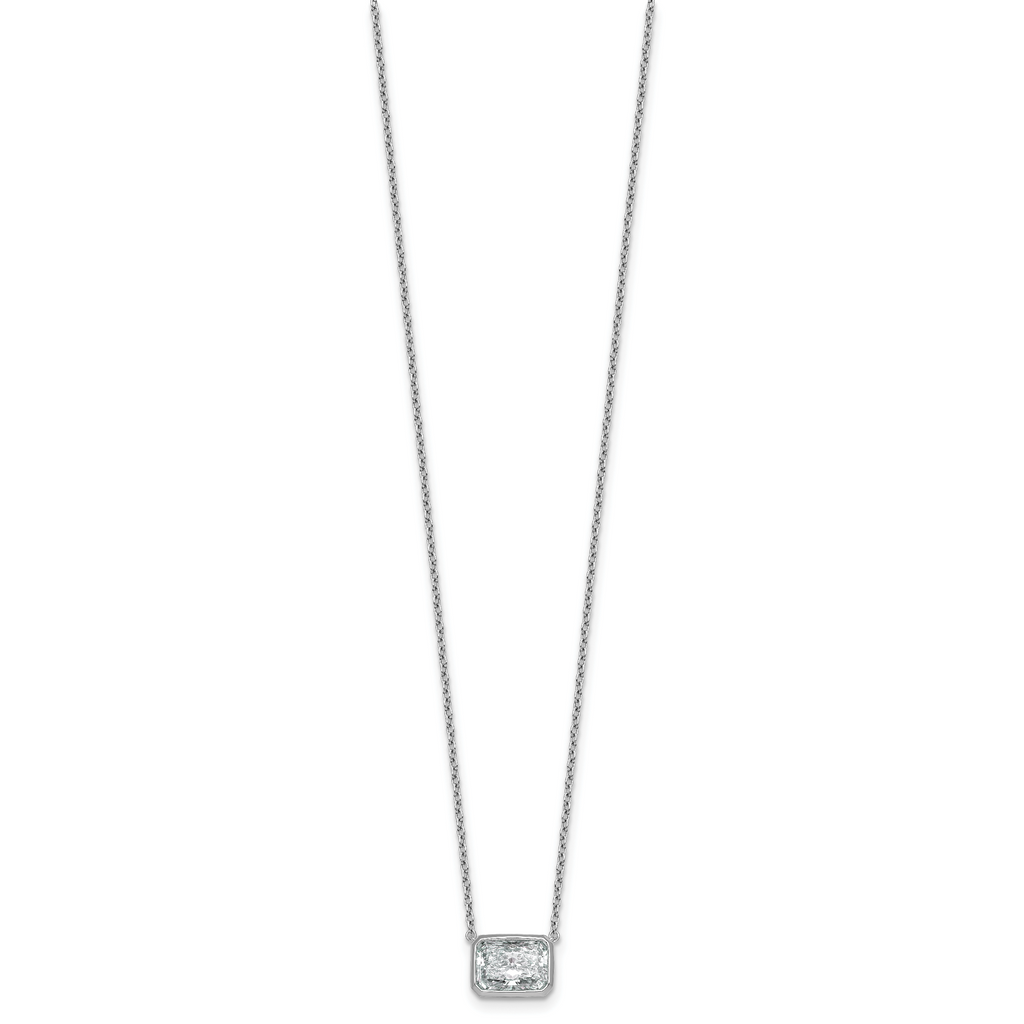 14k White Gold 2 1/2 carat Certified Lab Grown Diamond VS+ F+ Radiant Complete 18 inch Bezel Set Solitaire Necklace